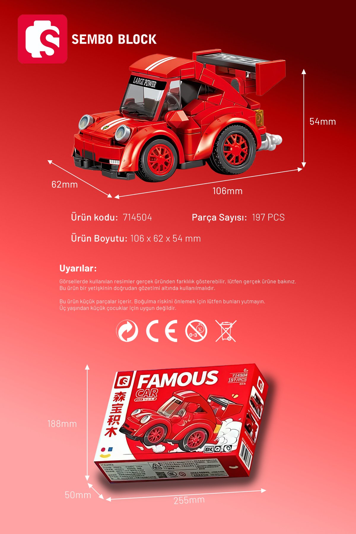 Mini Cars Kırmızı yarış arabası 197 Parça yapı blokları Lego ile uyumlu (714504A)