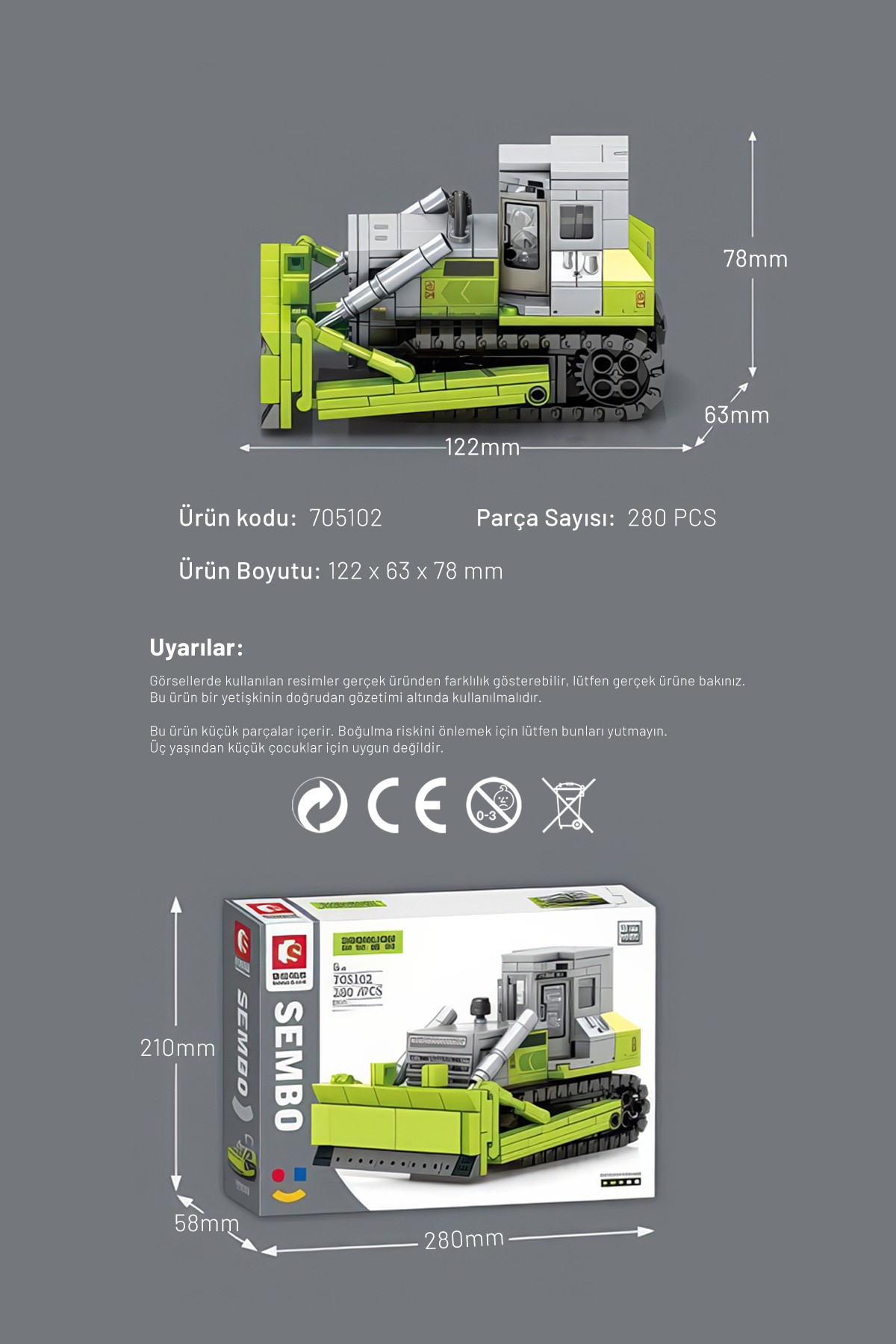 Zoomlion Lisanslı Mini Buldozer 280 Parça yapı blokları Lego ile uyumlu (705102)