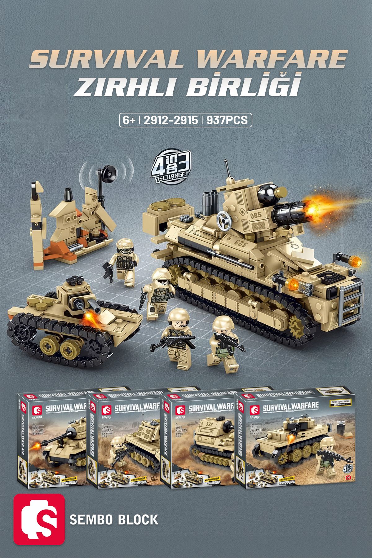 Survival Warfare Zırhlı Birlikler 4'ü 1 arada 937 Parça yapı blokları Lego ile uyumlu (2912-2915)