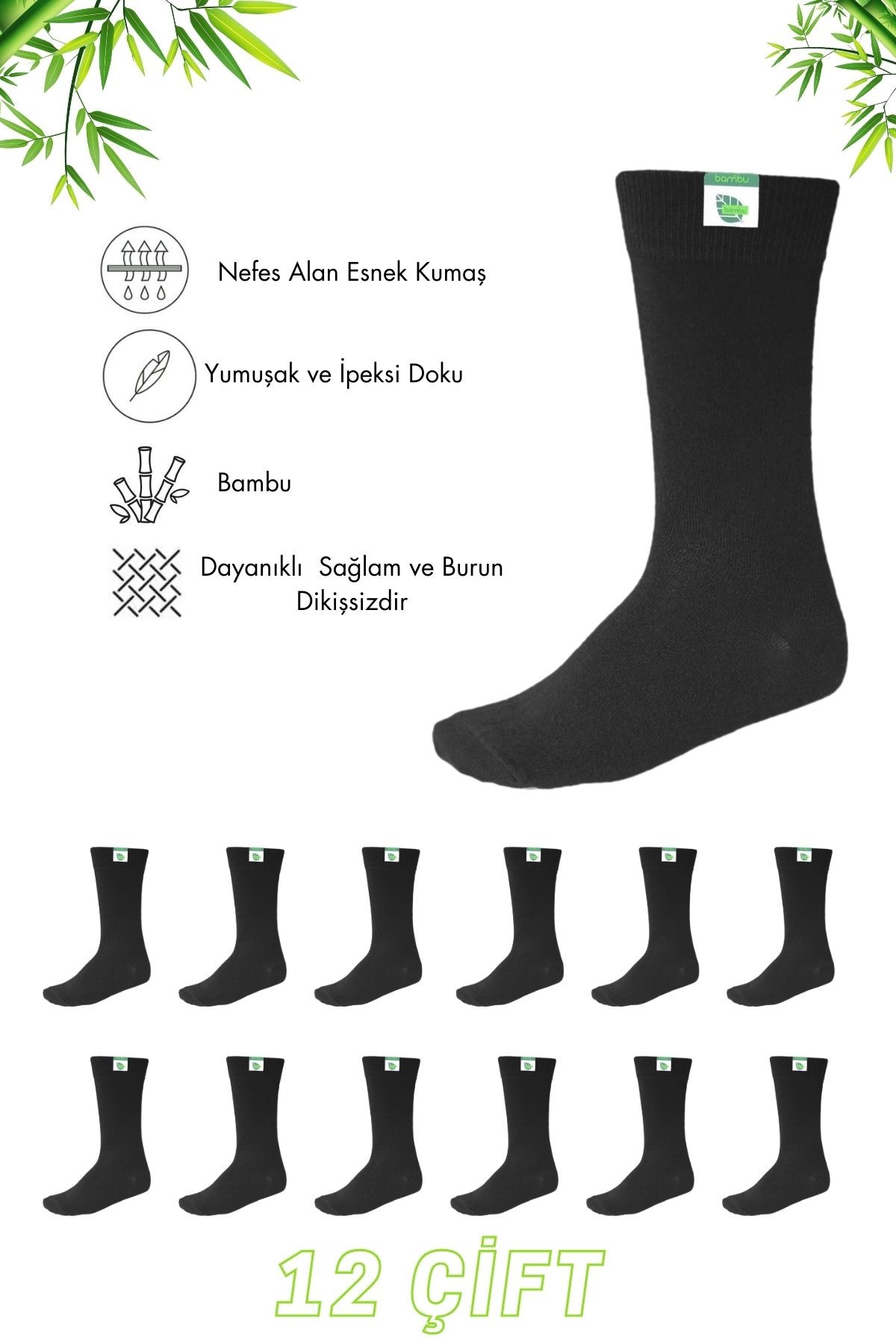 12 Çift Siyah Renk Erkek Bambu Soket Çorap