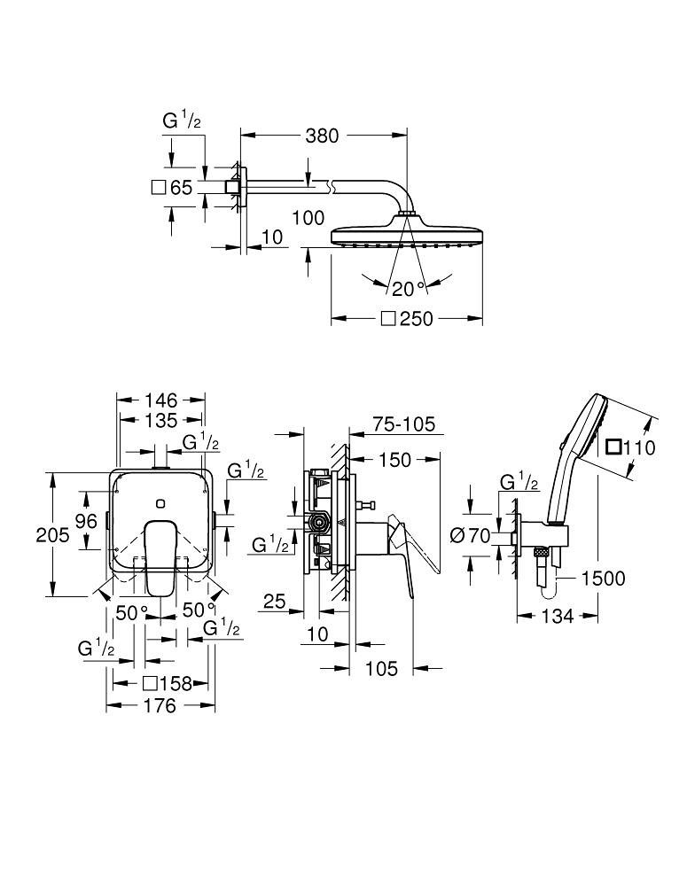 GROHE Cubeo Tempesta 250 ile Ankastre Duş Sistemi GRH 1053360000