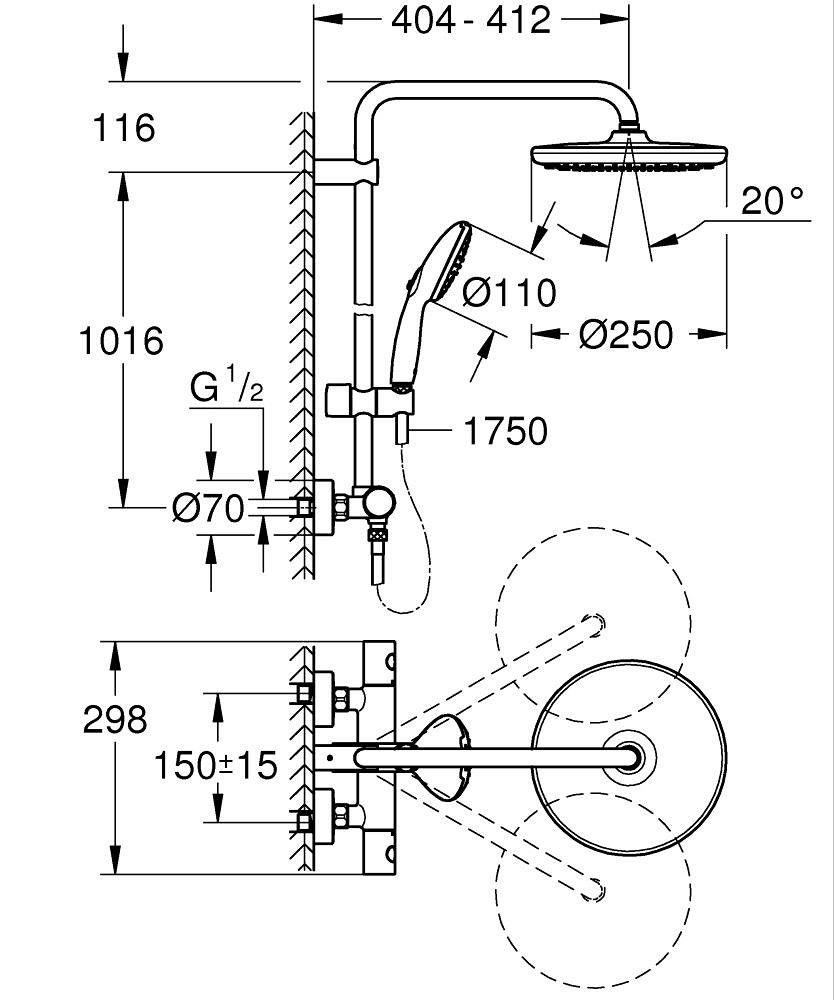 Tempesta System 250 Duvara Monte Termostatik Bataryalı Duş Sistemi GRH 266702431