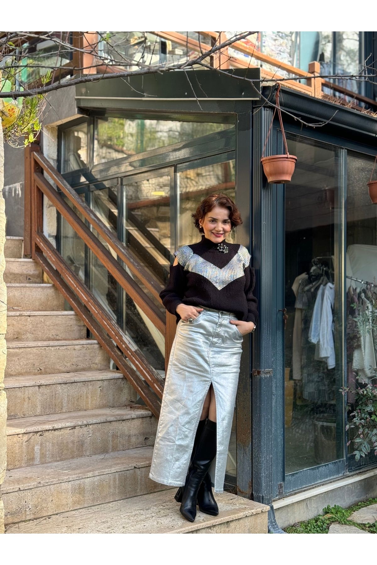 Lame/Gümüş Gri Denim Etek