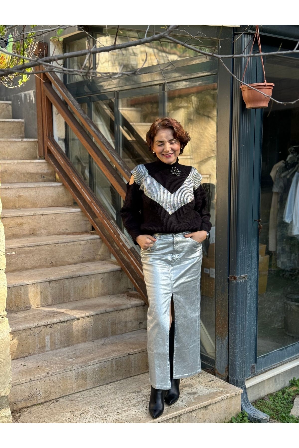 Lame/Gümüş Gri Denim Etek