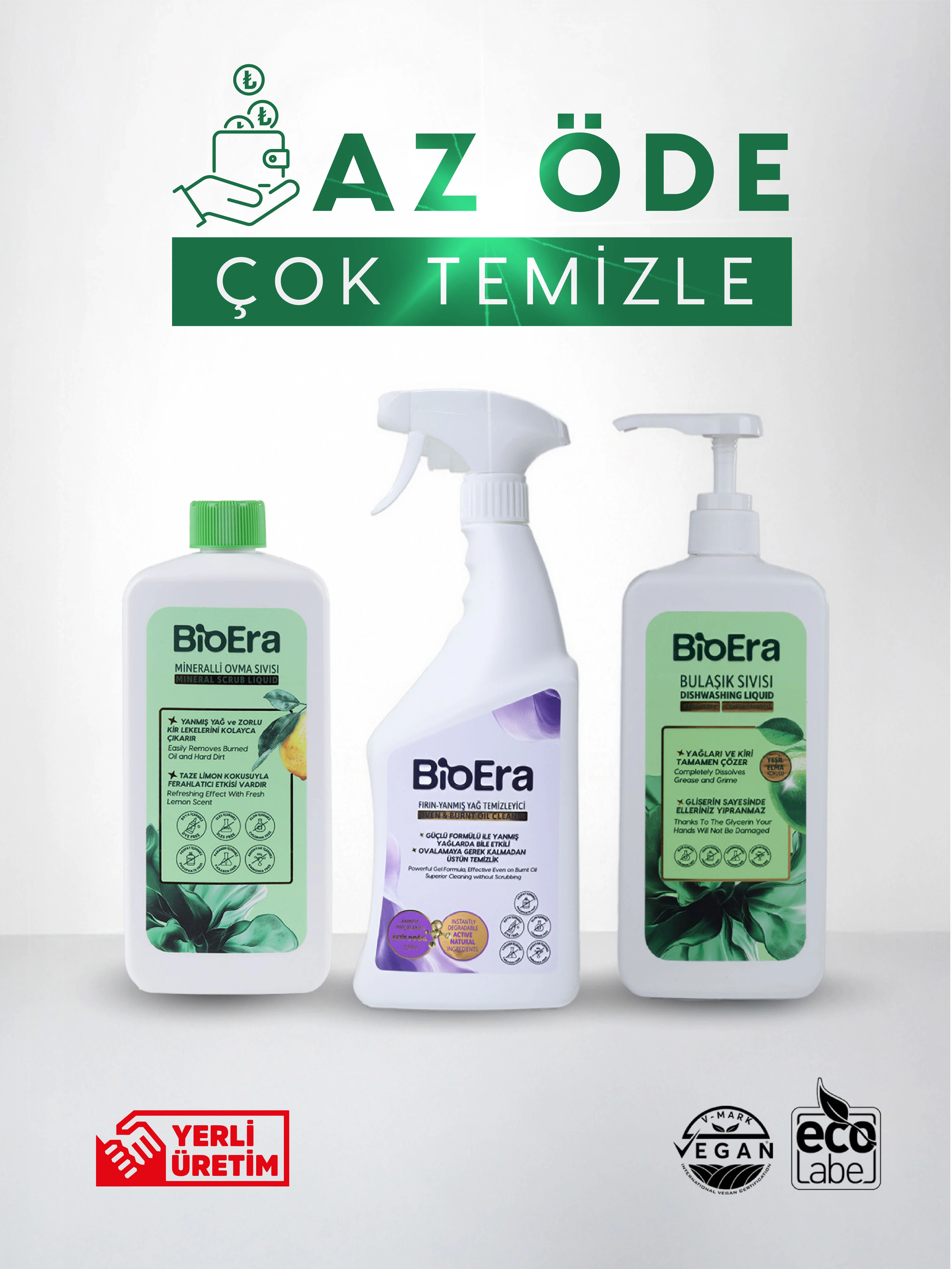 Ekonomik Paket BioEra Bulaşık Sıvısı + WC & Banyo Temizleyici + Mineralli Krem Yüzey Temizleyici