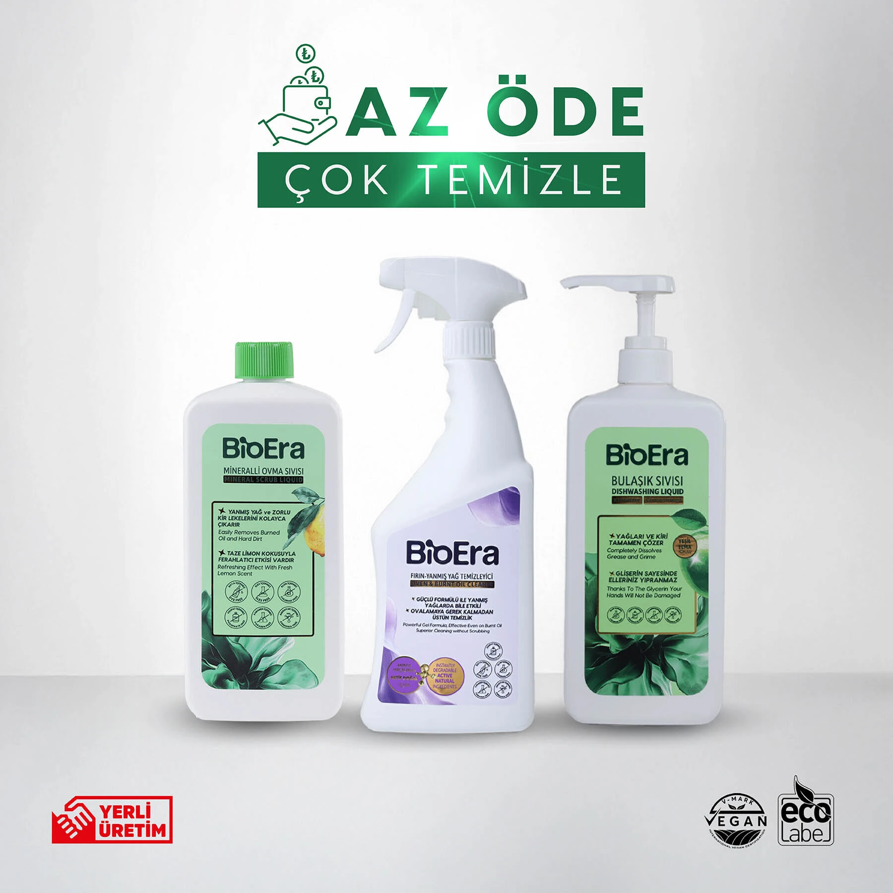 Ekonomik Paket BioEra Bulaşık Sıvısı + Yağ Sökücü + Mineralli Krem Yüzey Temizleyici