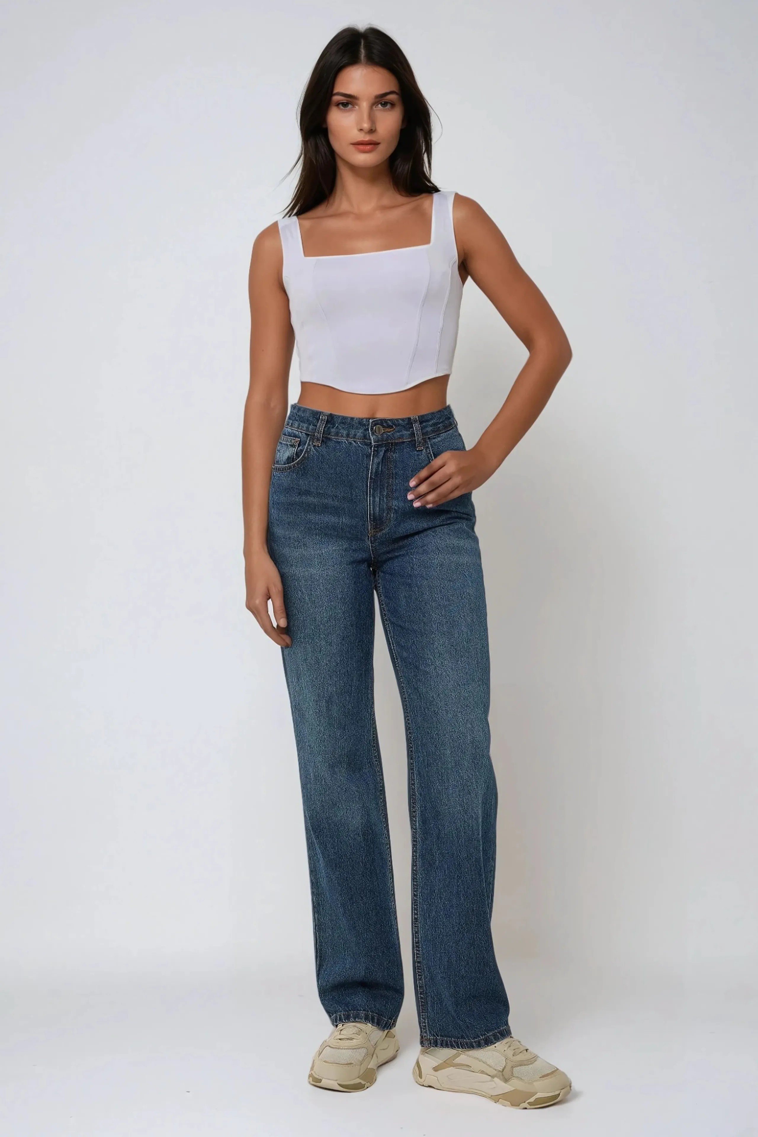 KORSE DETAYLI FERMUARLI CROP - Beyaz