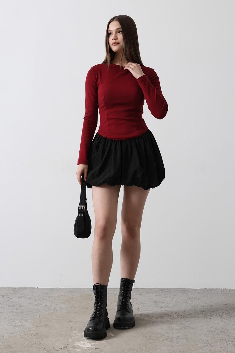 BALON ETEKLİ ELBİSE - Bordo