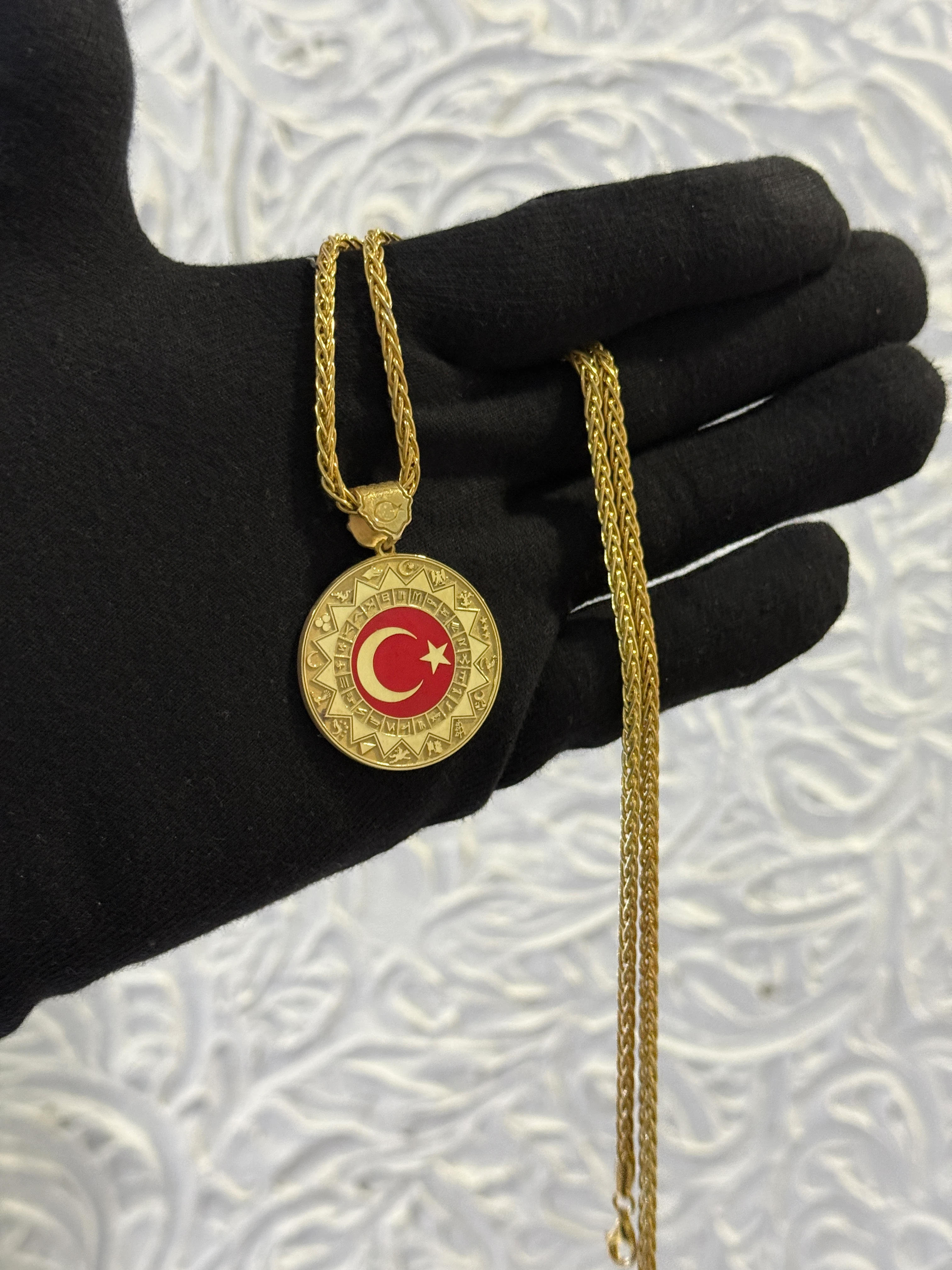 925 Ayar 24 Oğuz Boyu & 16 Türk Devleti Ay Yıldız Gümüş Madalyon Kolye