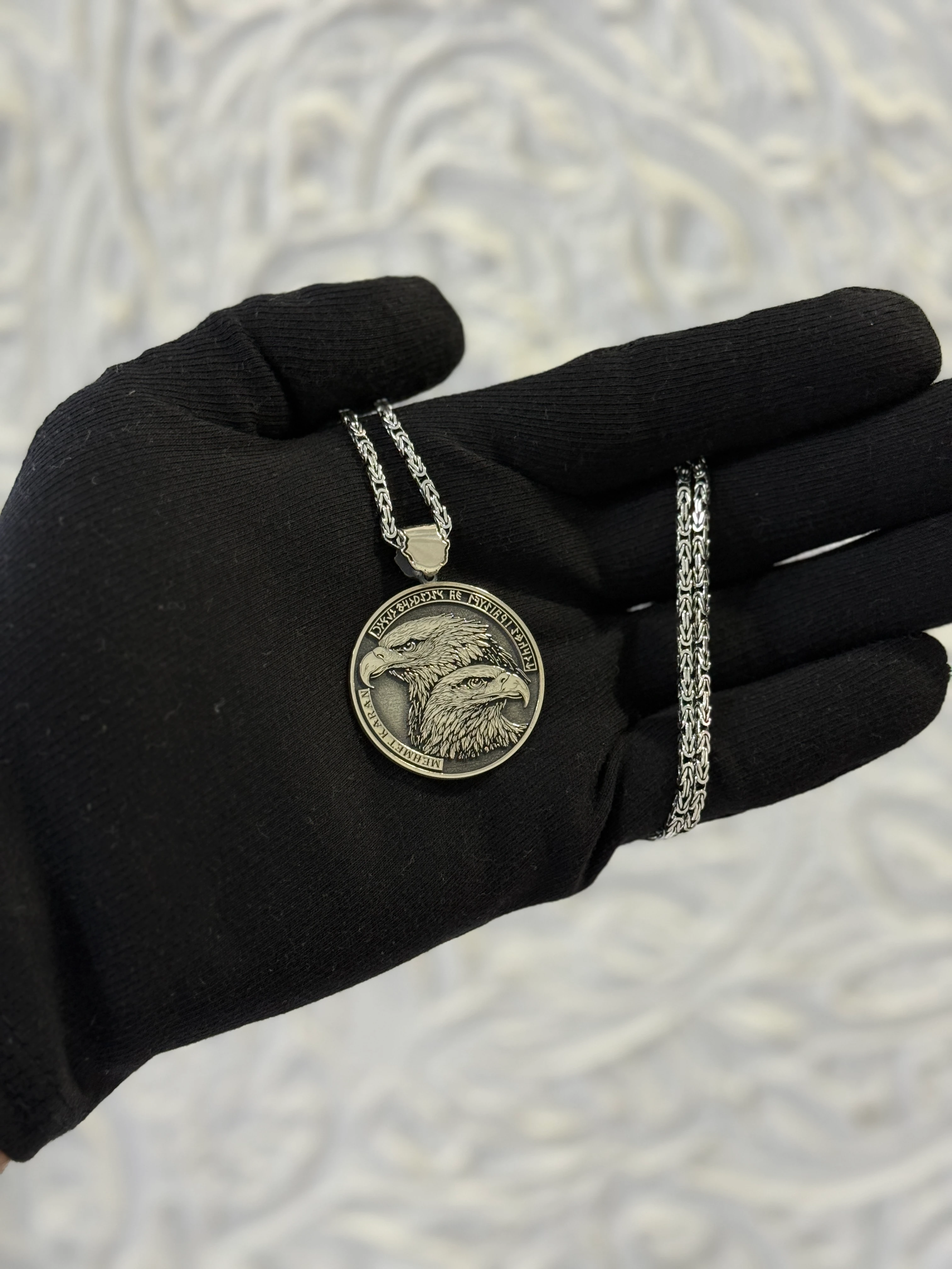 925 Ayar GÖK YURT – Göktürk Kartallı İsimli Gümüş Kolye Kral Zincirli