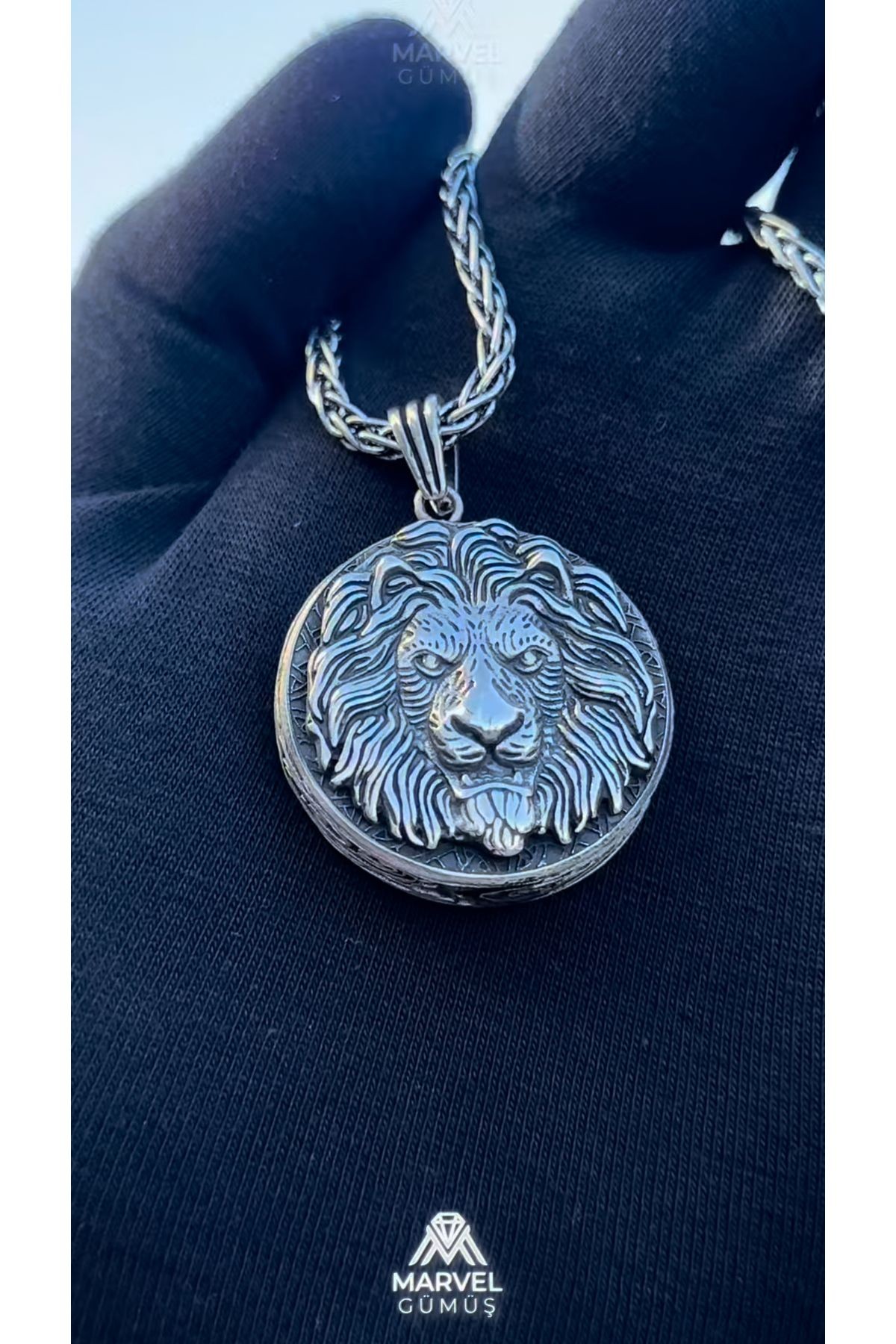 Gümüş Özel Tasarım El Yapımı Aslan Madalyon Kolye