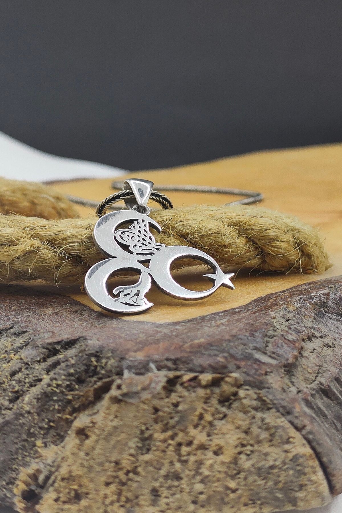 Gümüş Erkek Kolye Üç Hilal Bozkurt Ayyıldız Tuğra Desenli