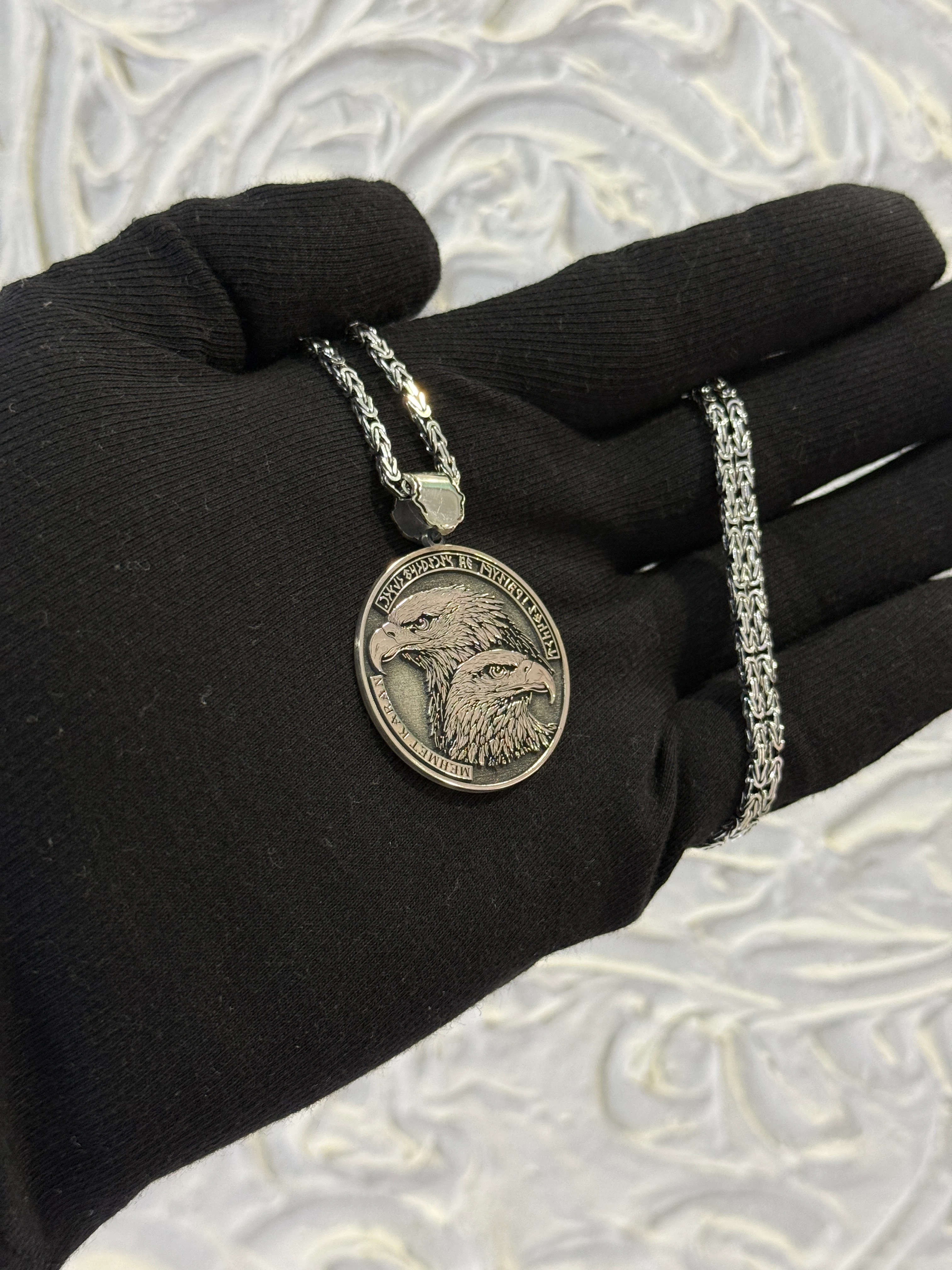 925 Ayar GÖK YURT – Göktürk Kartallı İsimli Gümüş Kolye Kral Zincirli