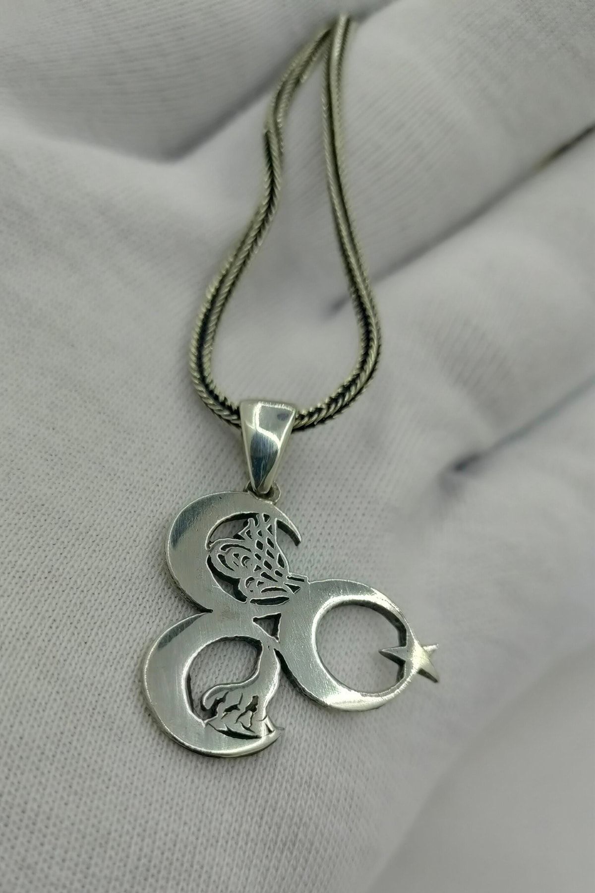 Gümüş Erkek Kolye Üç Hilal Bozkurt Ayyıldız Tuğra Desenli