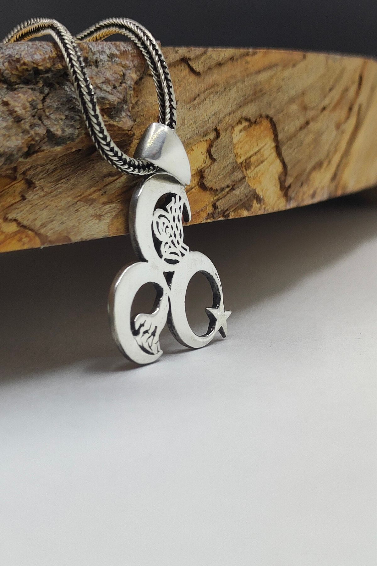 Gümüş Erkek Kolye Üç Hilal Bozkurt Ayyıldız Tuğra Desenli