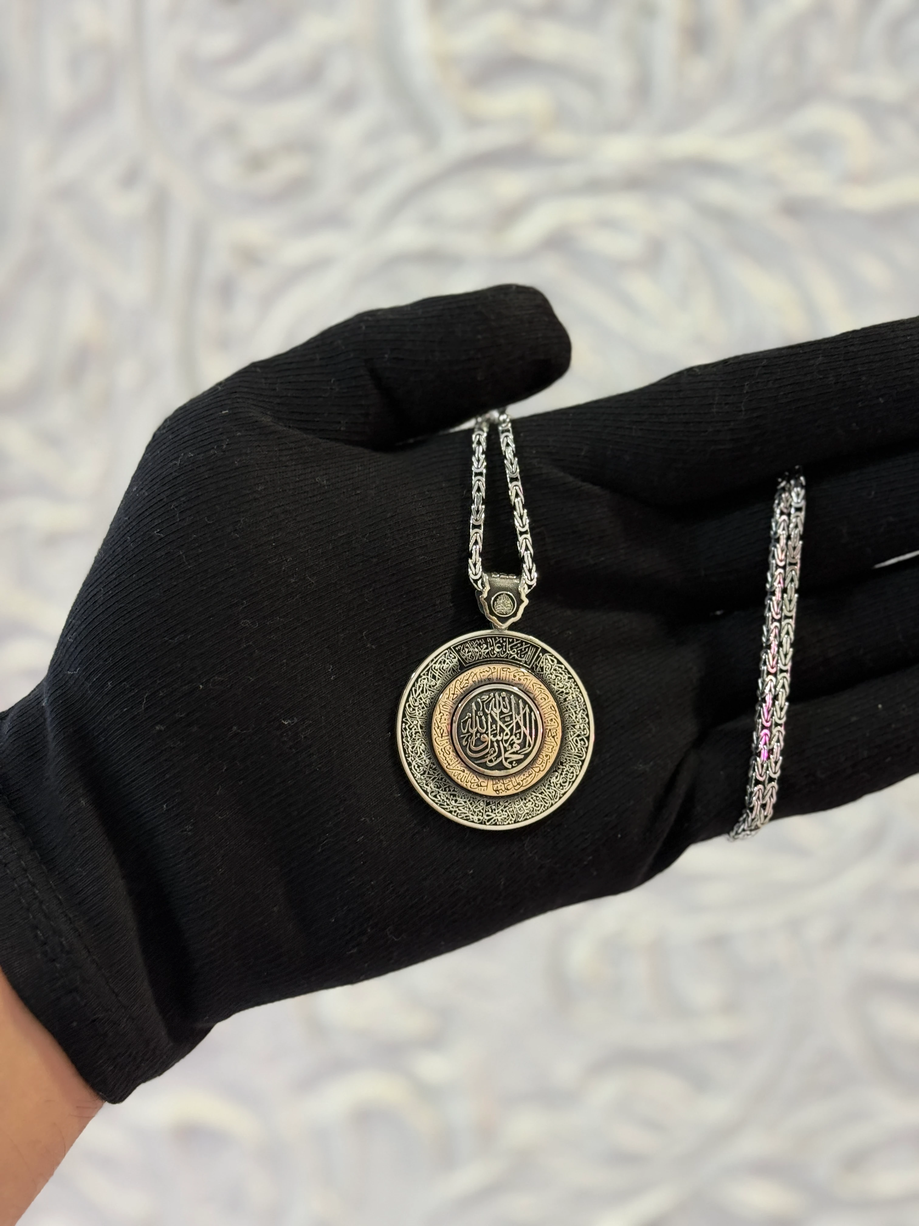 925 Ayar Hisn-i Şehadet | Ayet’el Kürsî & Tarık Suresi Gümüş Kolye Kral Zincirli