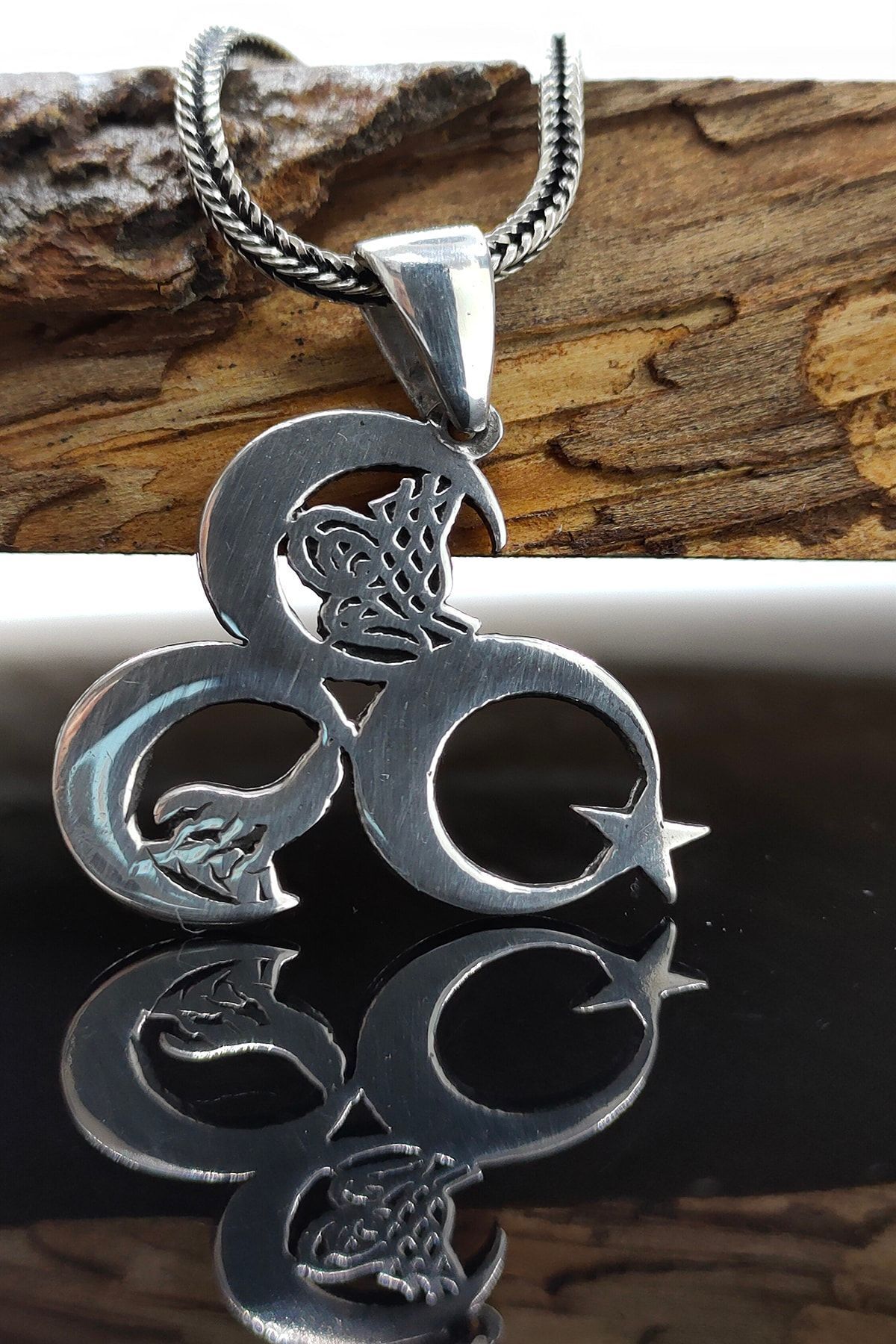 Gümüş Erkek Kolye Üç Hilal Bozkurt Ayyıldız Tuğra Desenli