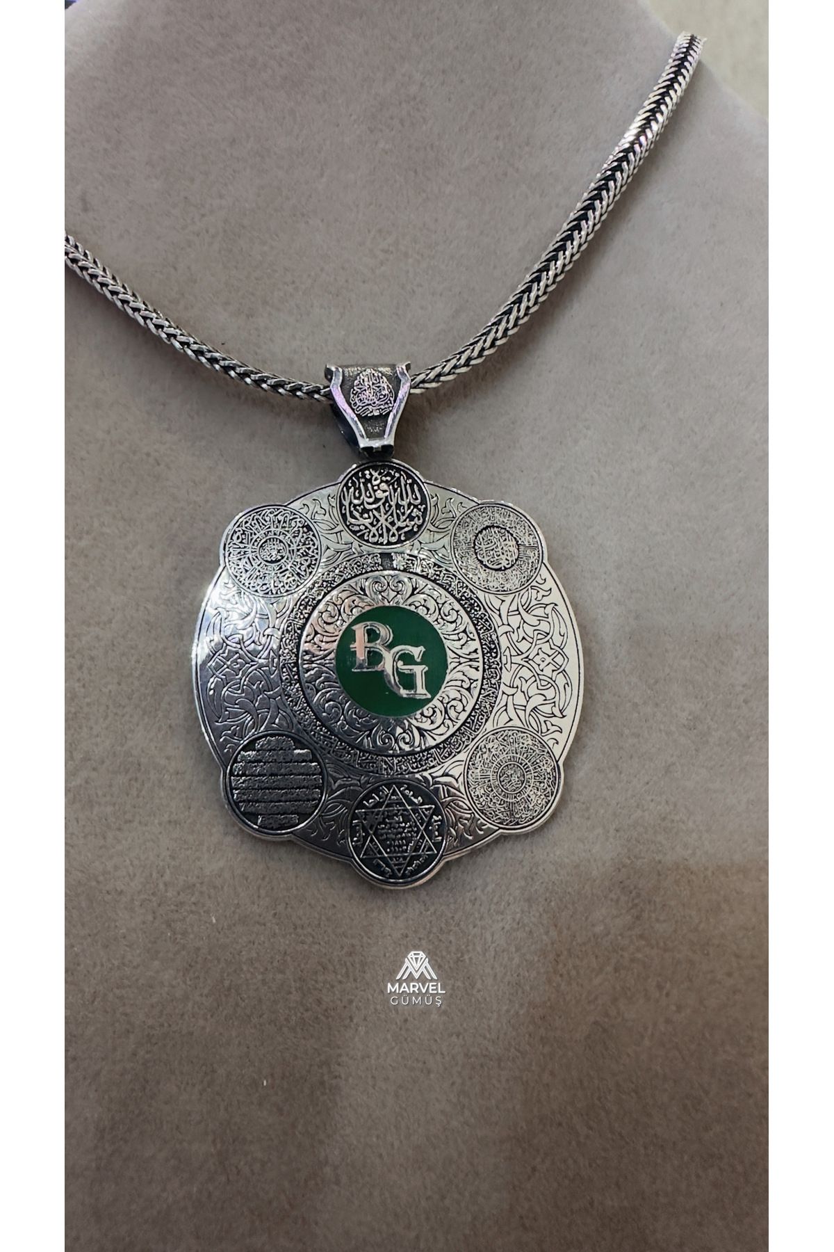 Gümüş İsim Harf Yazılı Koruma Suresi Süleyman Mührü Tasarım Kolye