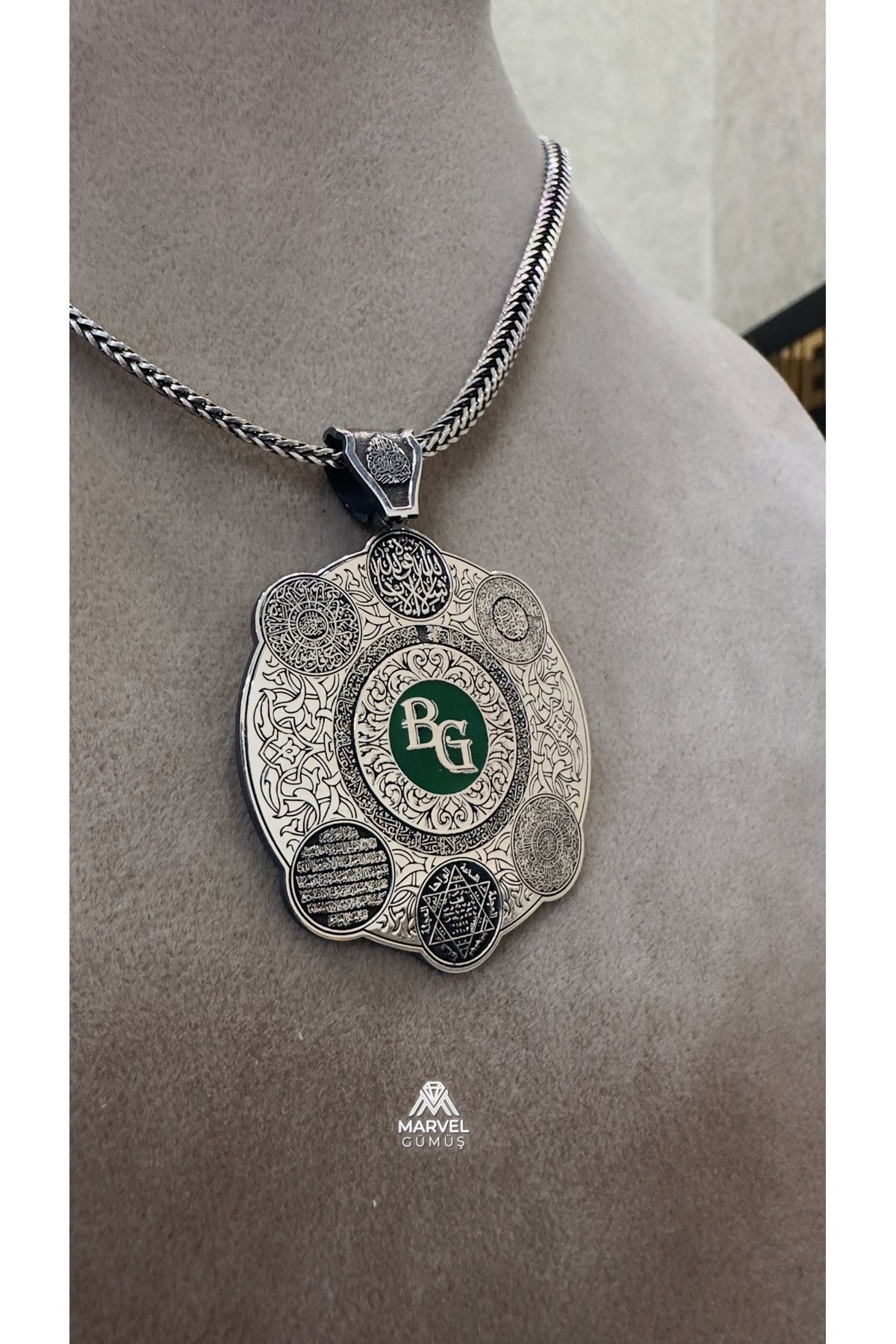 Gümüş İsim Harf Yazılı Koruma Suresi Süleyman Mührü Tasarım Kolye