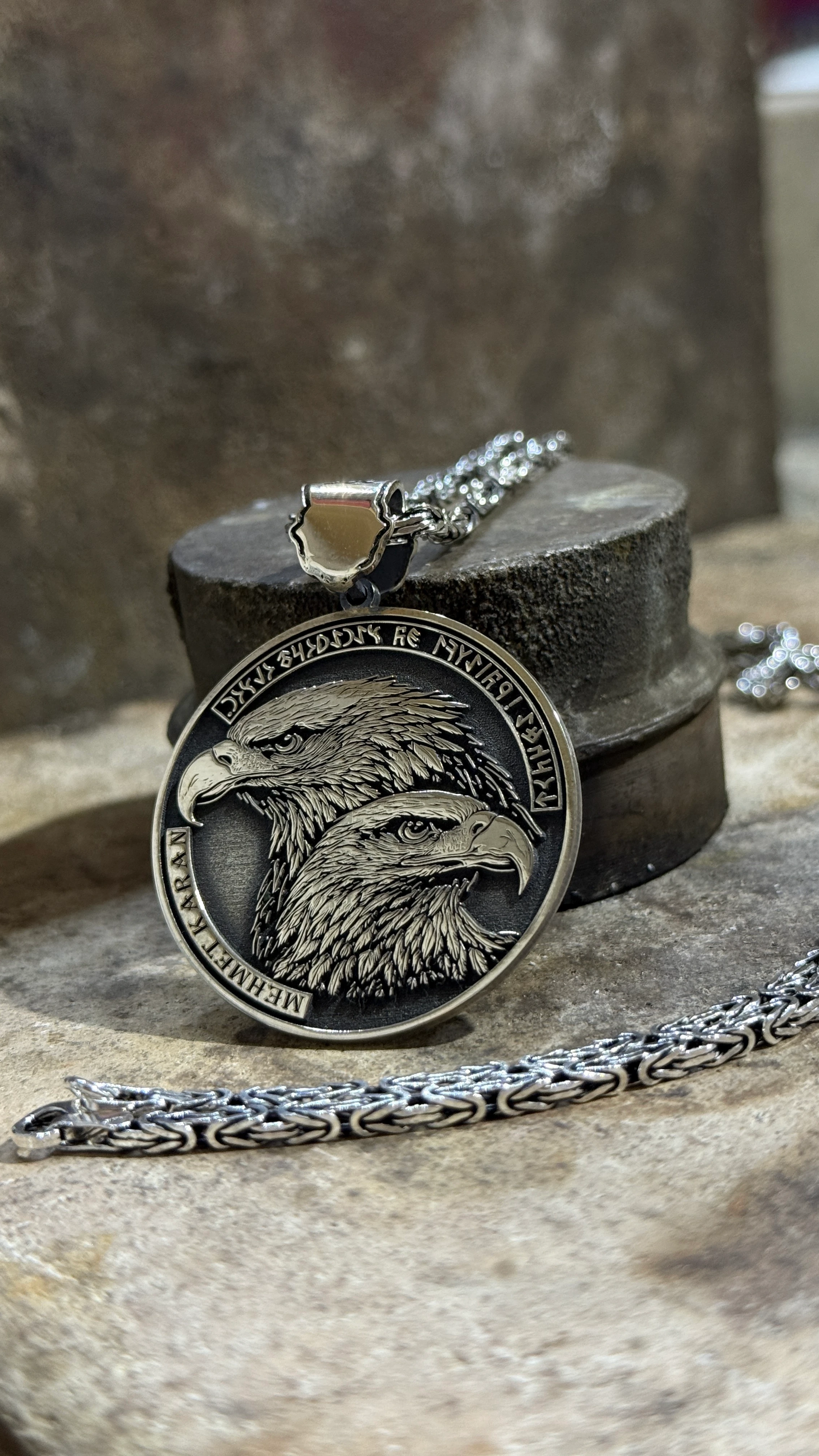 925 Ayar GÖK YURT – Göktürk Kartallı İsimli Gümüş Kolye Kral Zincirli