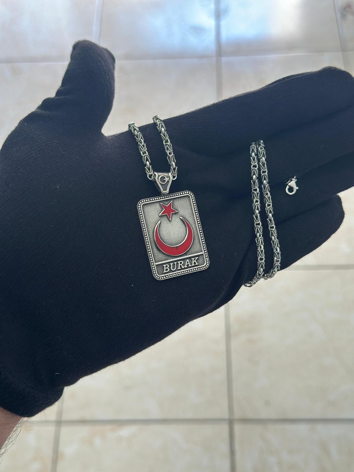 925 Ayar İsim İşlemeli Ay-Yıldız Gümüş Madalyon Kolye