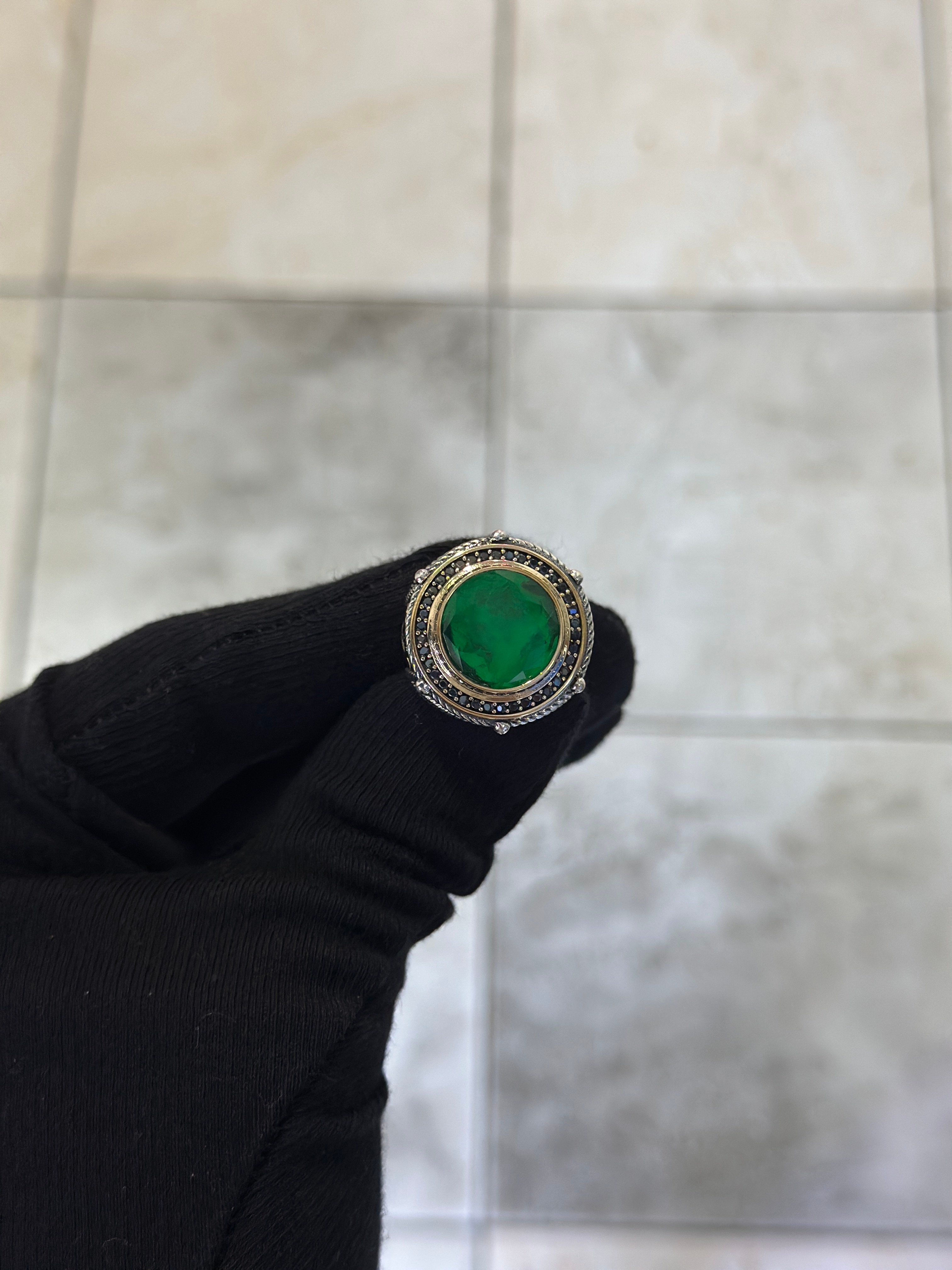 925 Ayar El Yapımı Paraiba Taşlı Gümüş Erkek Yüzük