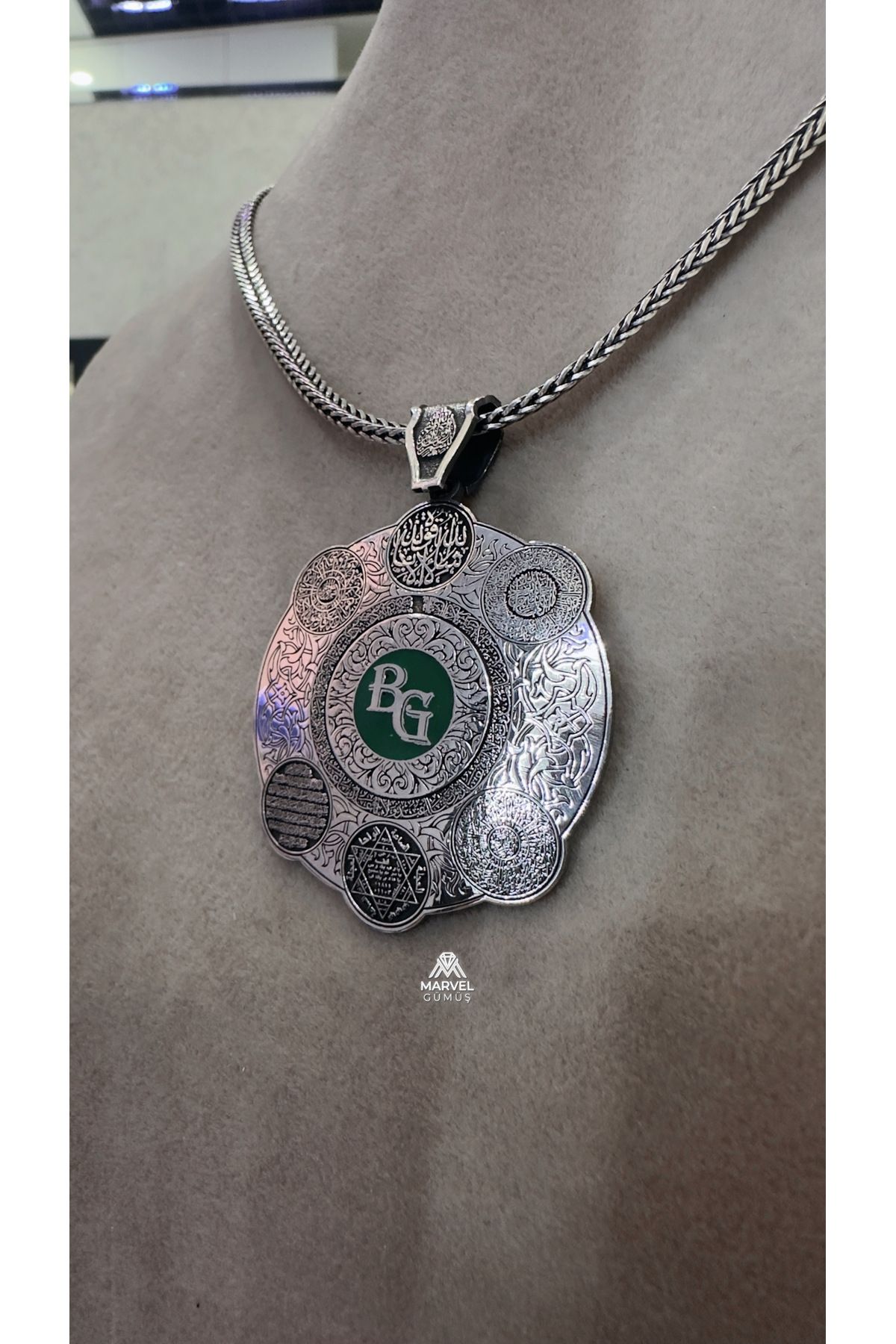 Gümüş İsim Harf Yazılı Koruma Suresi Süleyman Mührü Tasarım Kolye