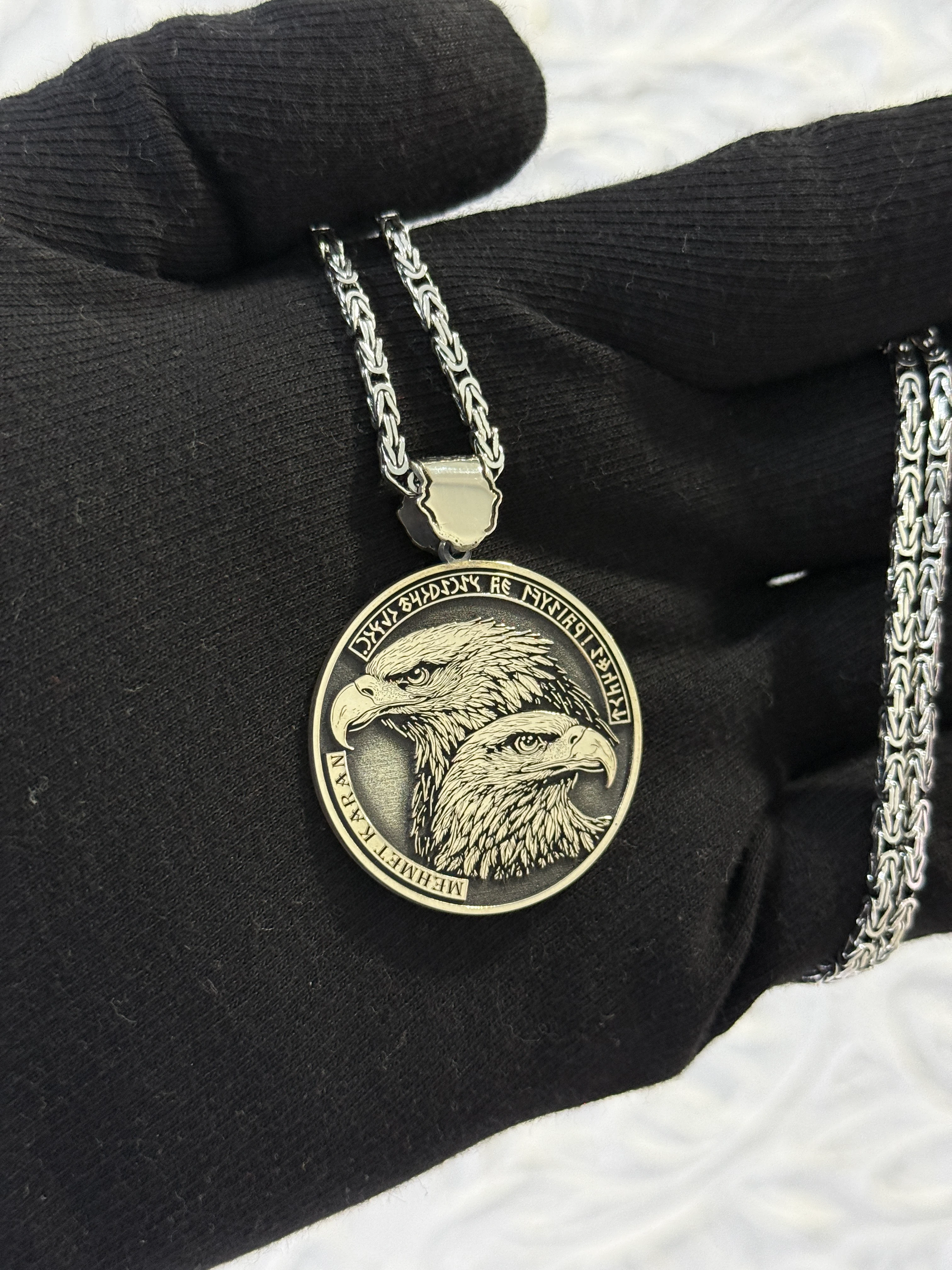 925 Ayar GÖK YURT – Göktürk Kartallı İsimli Gümüş Kolye Kral Zincirli
