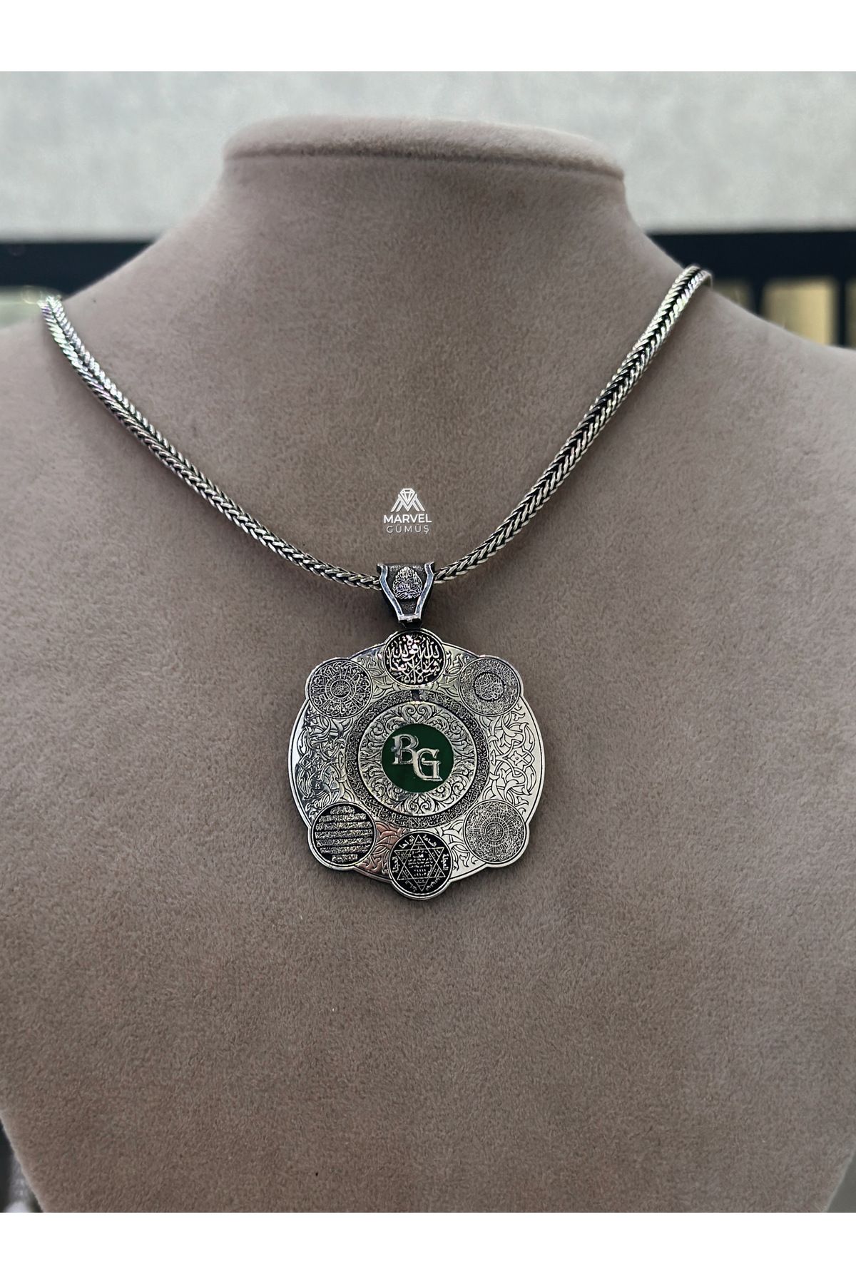 Gümüş İsim Harf Yazılı Koruma Suresi Süleyman Mührü Tasarım Kolye