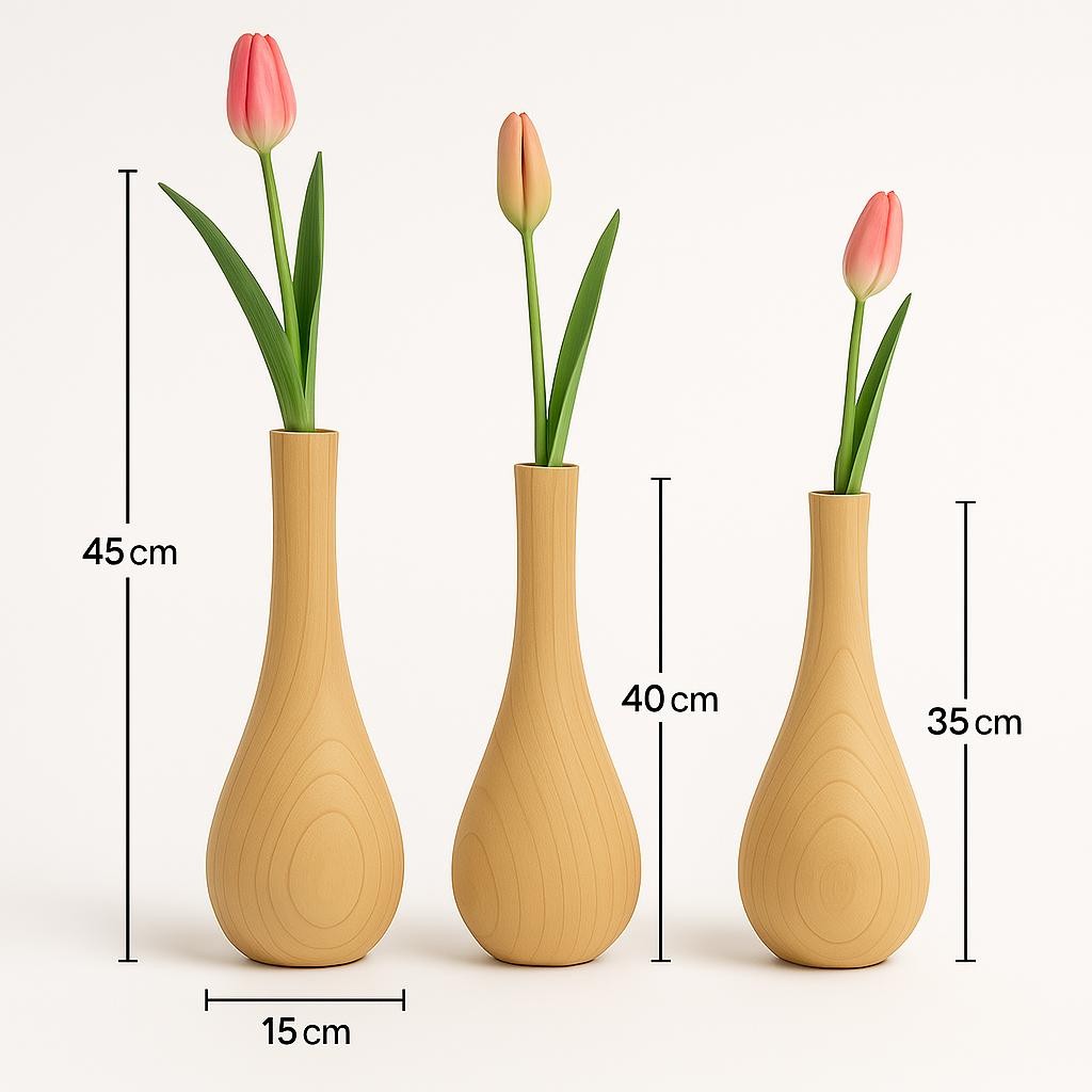3'lü Ahşap Vazo Takımı - Naturel