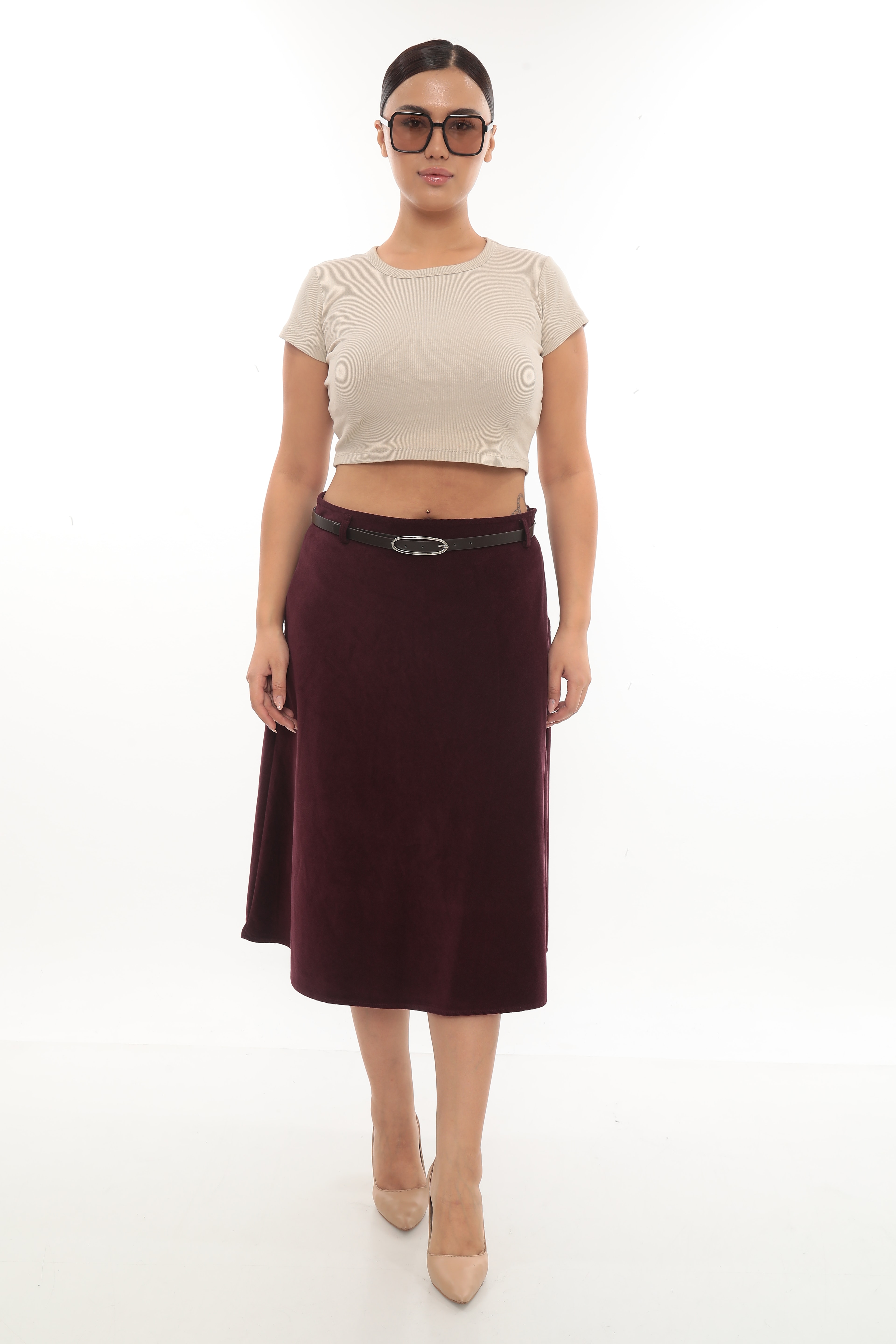 Kadın Kemerli Kadife Etek 2-11-4004 - Bordo