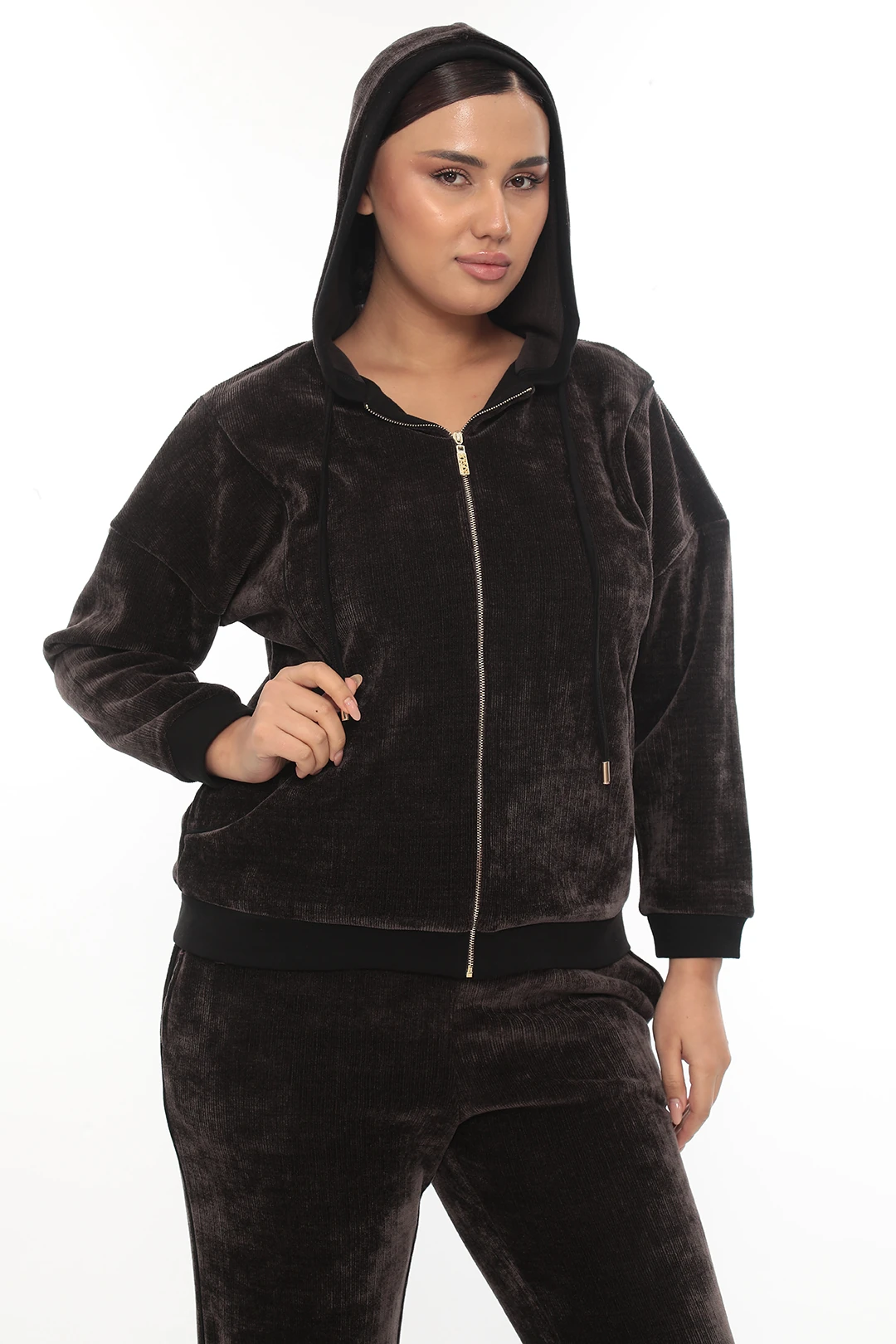 Kadın Kapüşonlu Fermuarlı Çift Renk Şeritli Kalın Kadife Eşofman Takımı 7-02-4022