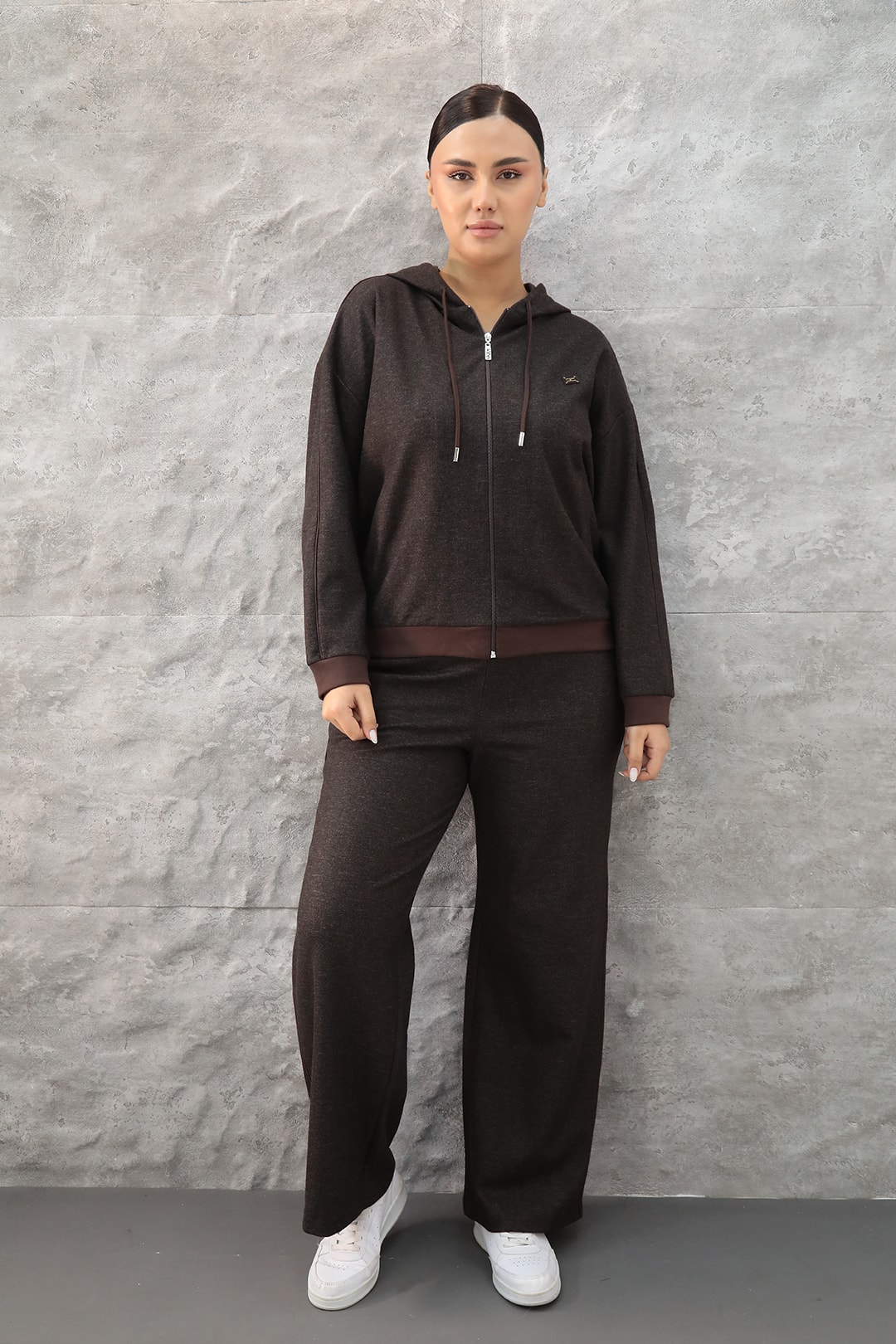 Kadın Özel Baskı Desenli Kapüşonlu Fermuarlı Büyük Beden Kışlık Takım 7-26-4025