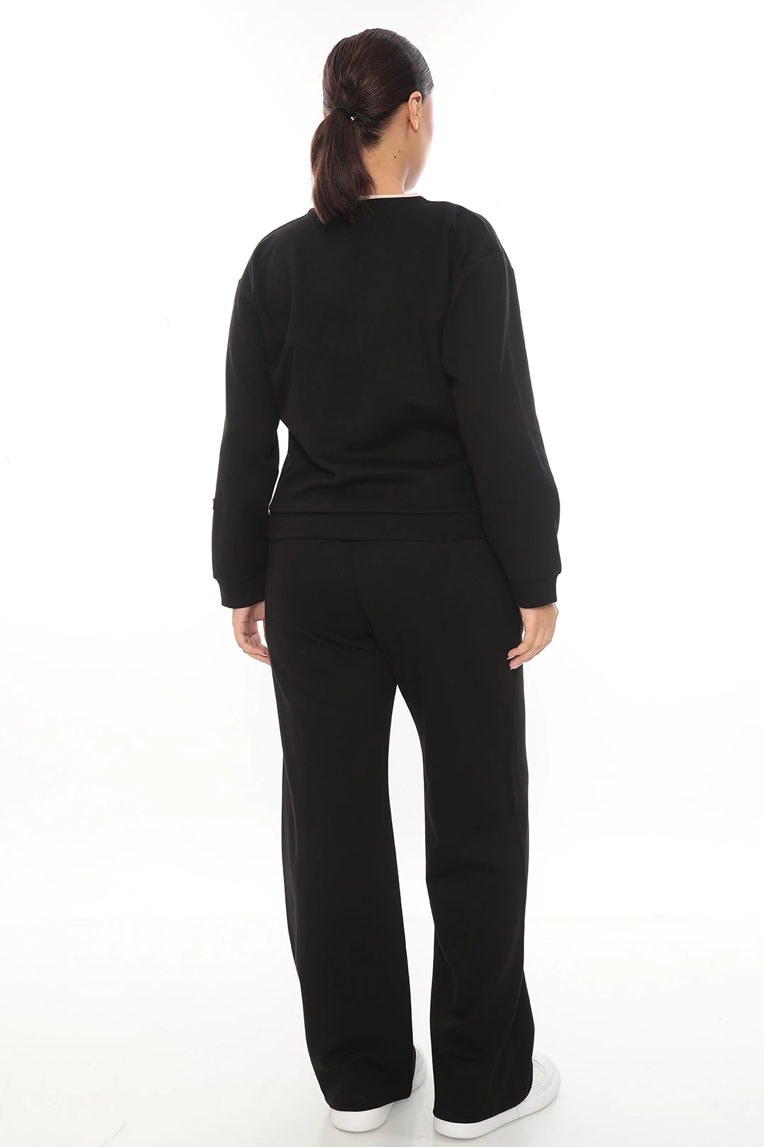 Kadın Çift Renkli Uzun Kollu Aksesuarlı Pamuklu Büyük Beden Eşofman Takımı 7-03-4018