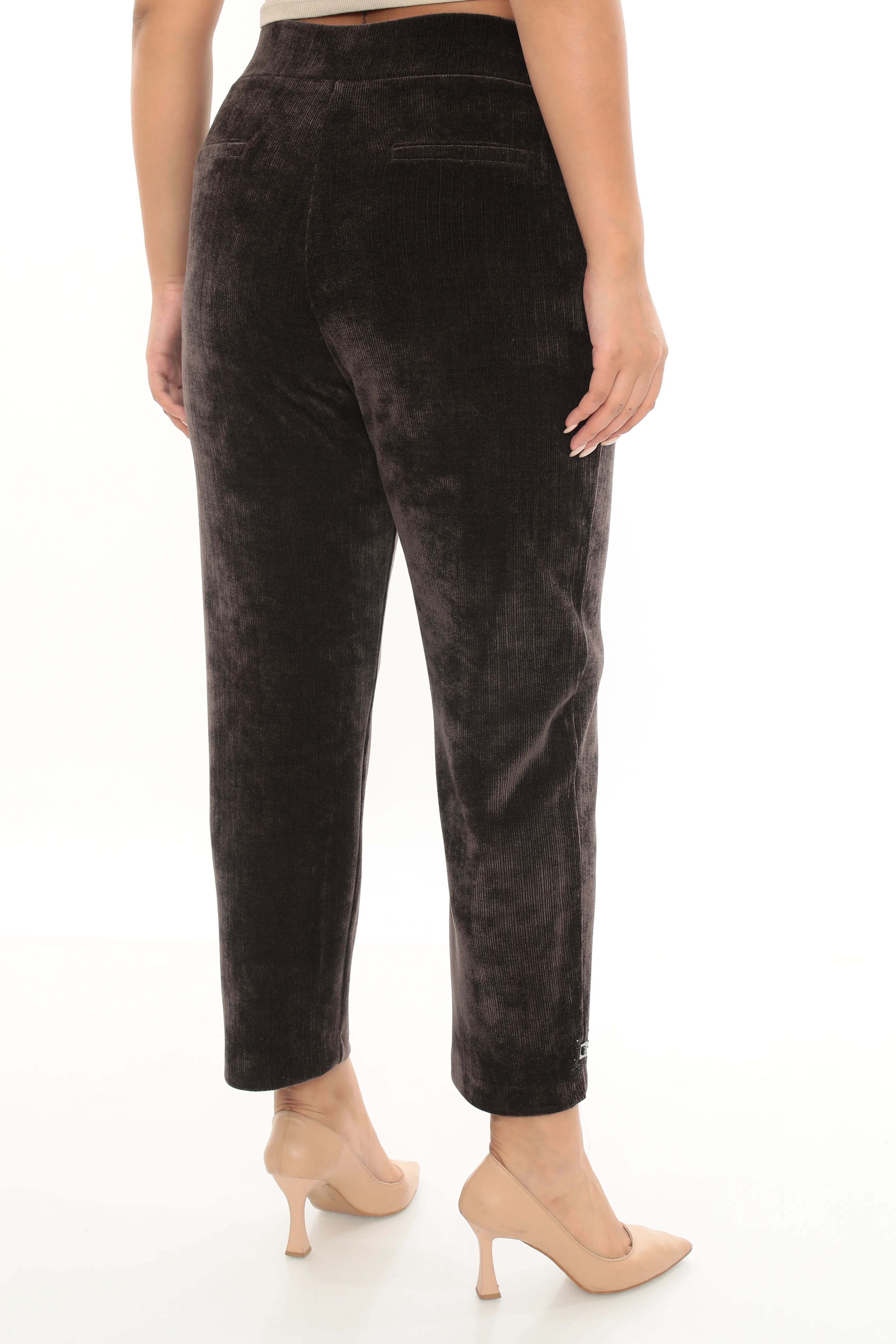 Kadın Paçası Taşlı Dikme Aksesuarlı Kışlık Kadife Pantolon 1-02-4005