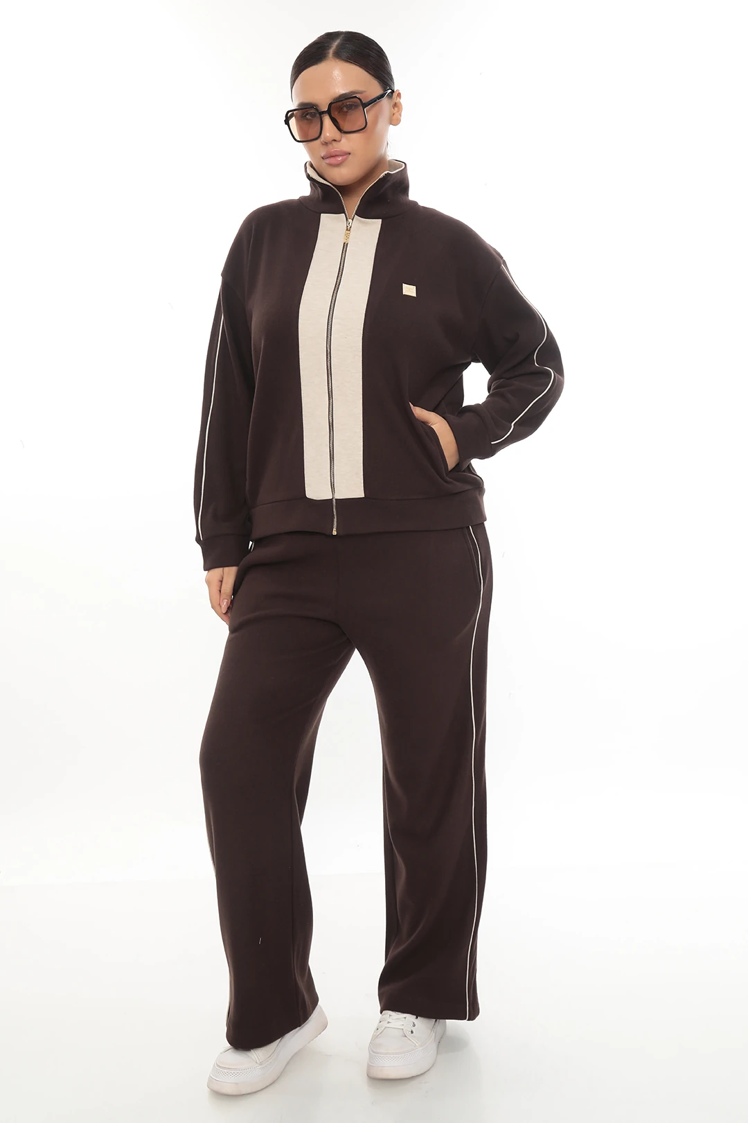 Kadın Fermuarlı Aksesuarlı Çift Renkli Dışı yün İçi Polarlı Büyük Beden Eşofman Takımı 7-10-4021 - Kahverengi