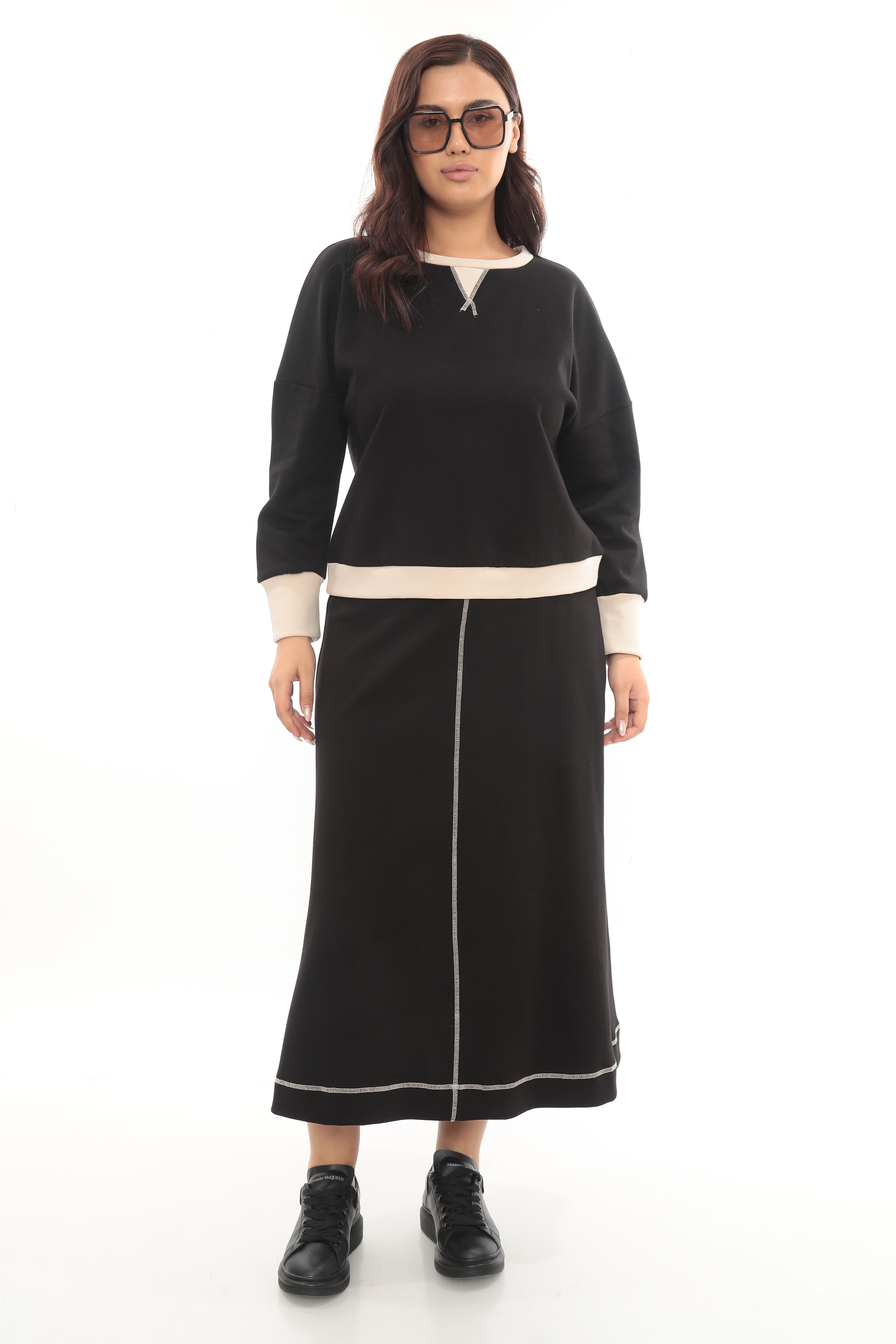 Kadın Çift Renkli Etekli Takım - Siyah