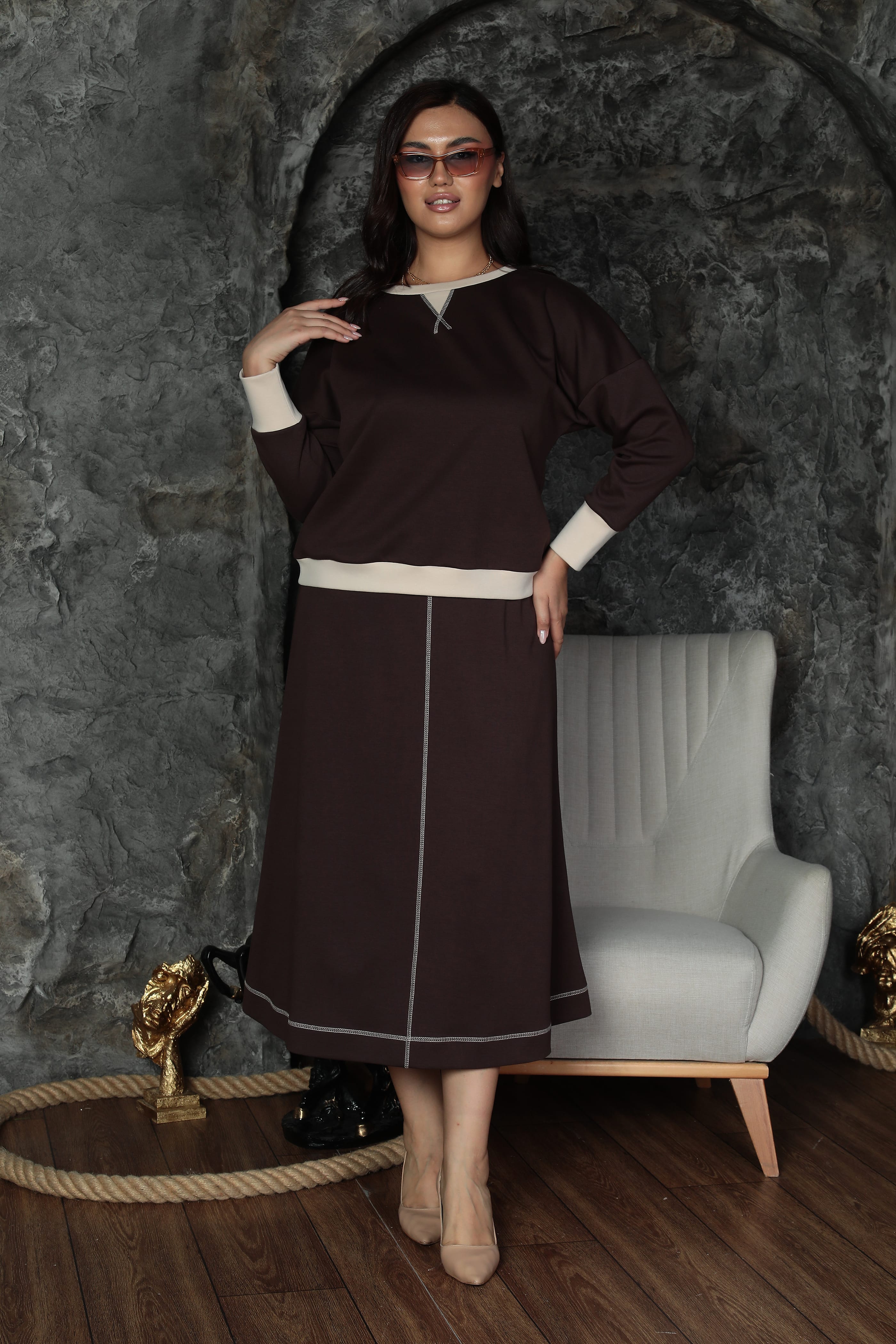 Kadın Çift Renkli Etekli Takım - Kahve