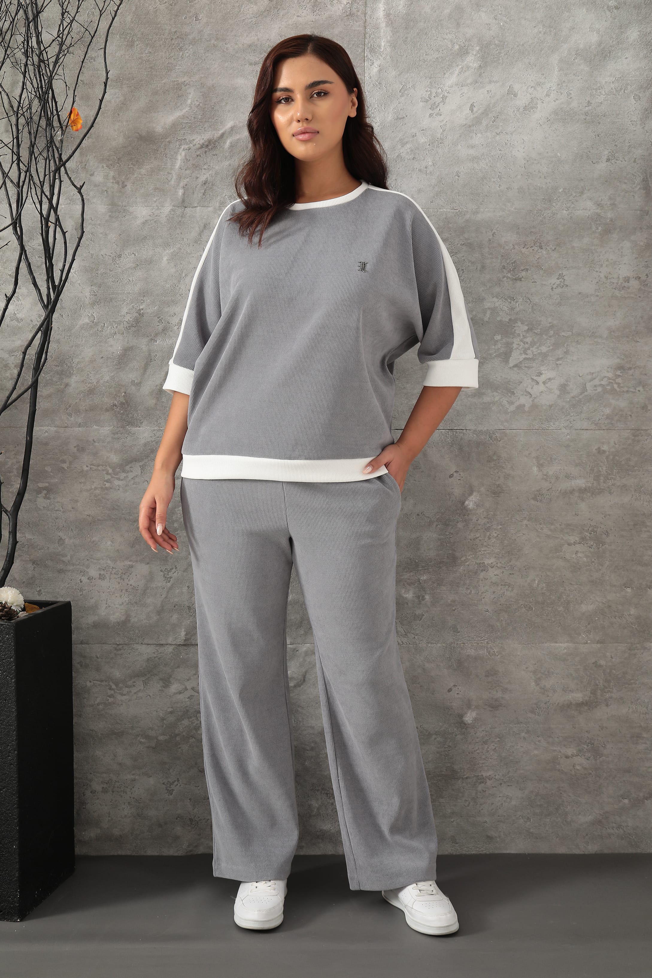 Kadın Özel Taş Desenli Çift Renkli Kışlık Alt Üst Takım 7-07-4009-1007 - Gri
