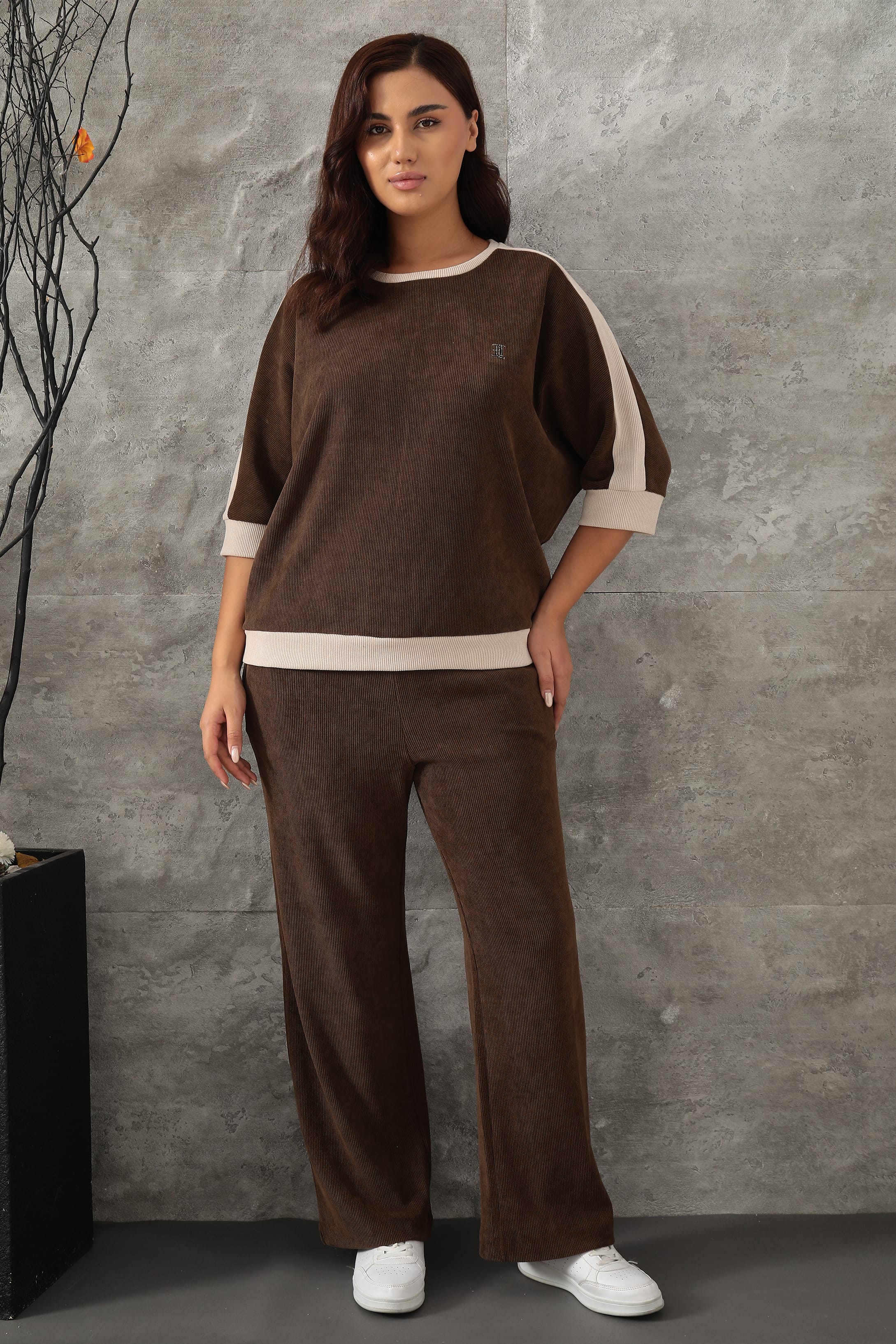 Kadın Özel Taş Desenli Çift Renkli Kışlık Alt Üst Takım 7-07-4009-1007 - Kahve