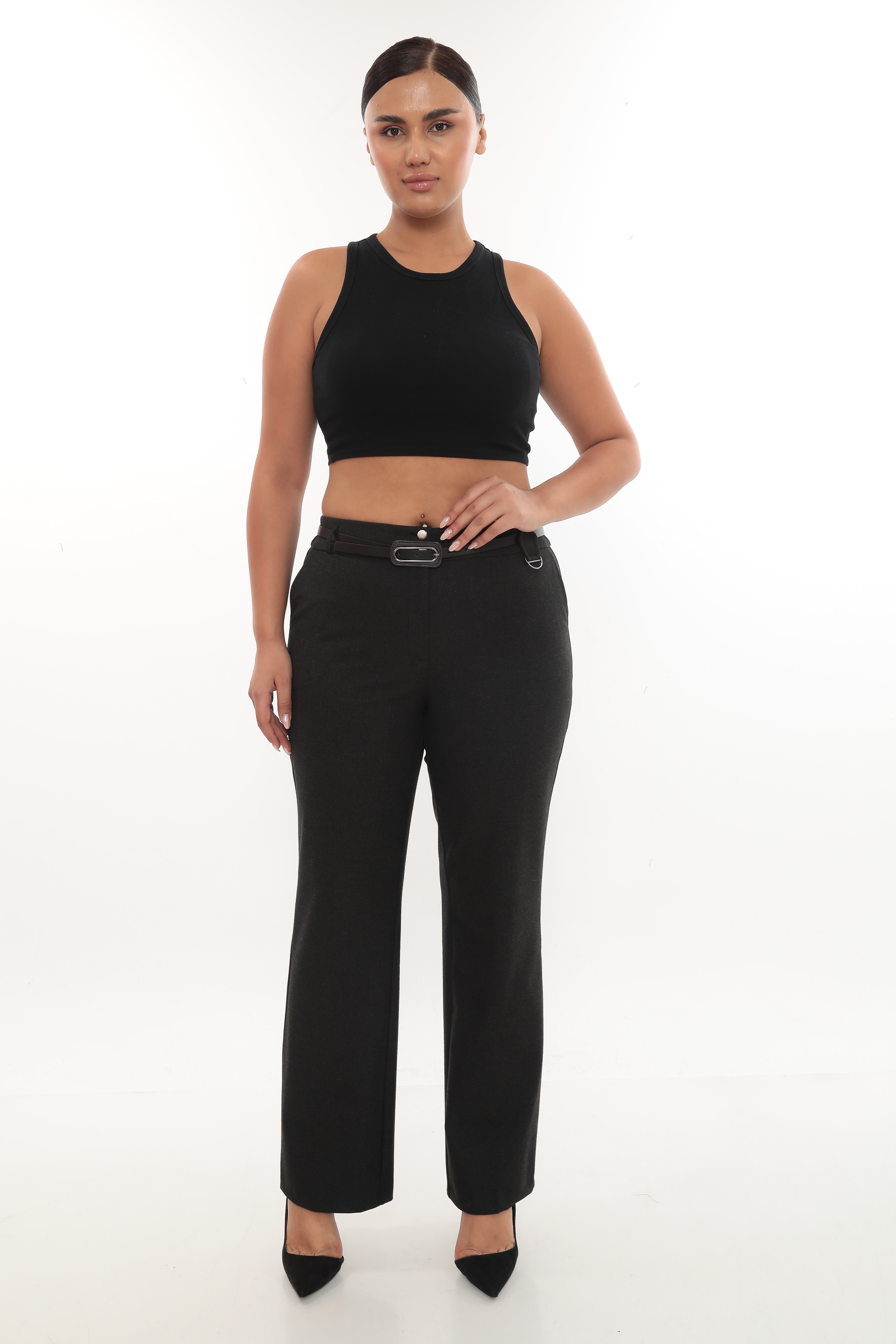 Kadın Kemerli Aksesuarlı Kışlık Klasik Pantolon 1-522-423 - Antrasit