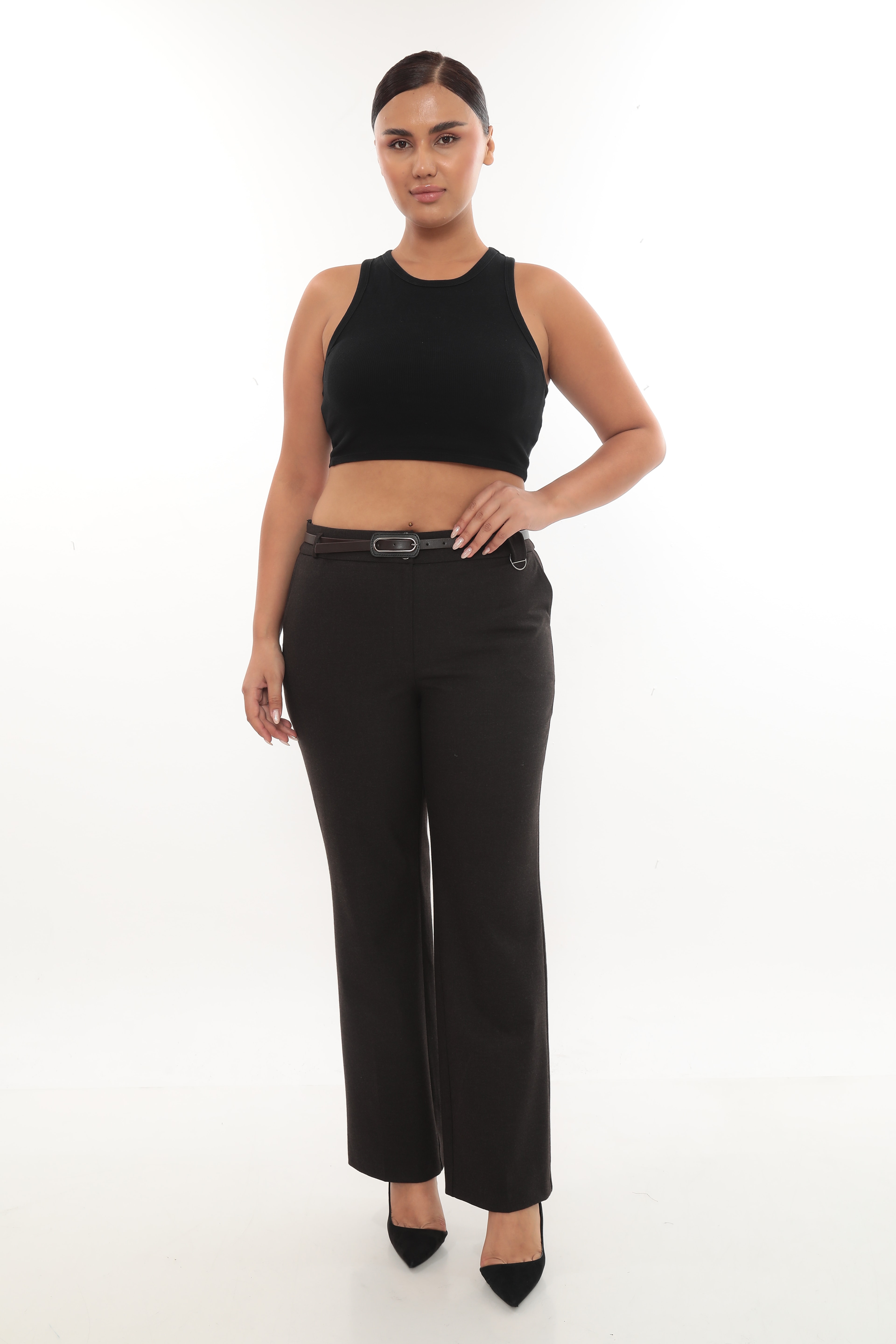 Kadın Kemerli Aksesuarlı Kışlık Klasik Pantolon 1-522-423 - Kahverengi