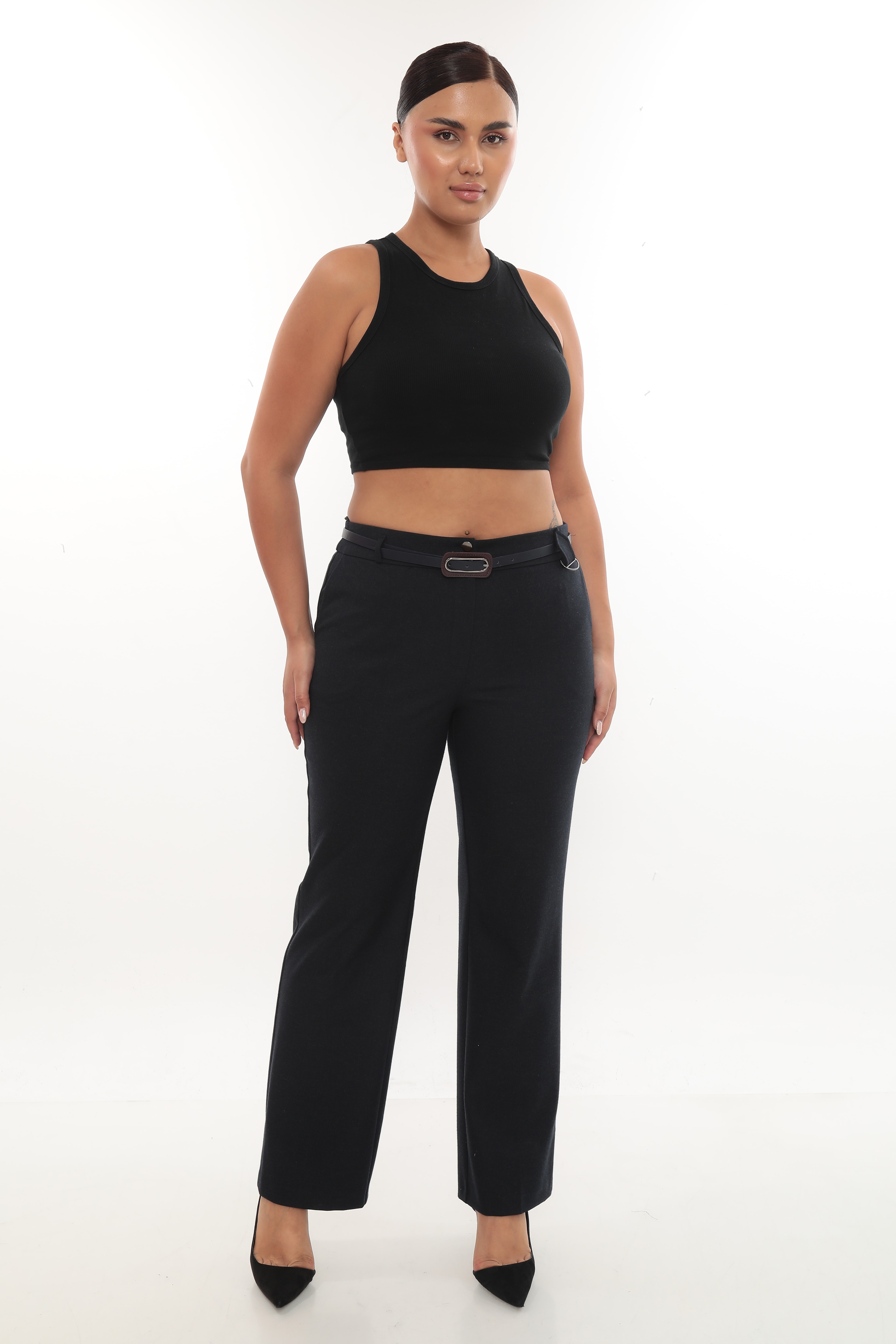 Kadın Kemerli Aksesuarlı Kışlık Klasik Pantolon 1-522-423 - Lacivert