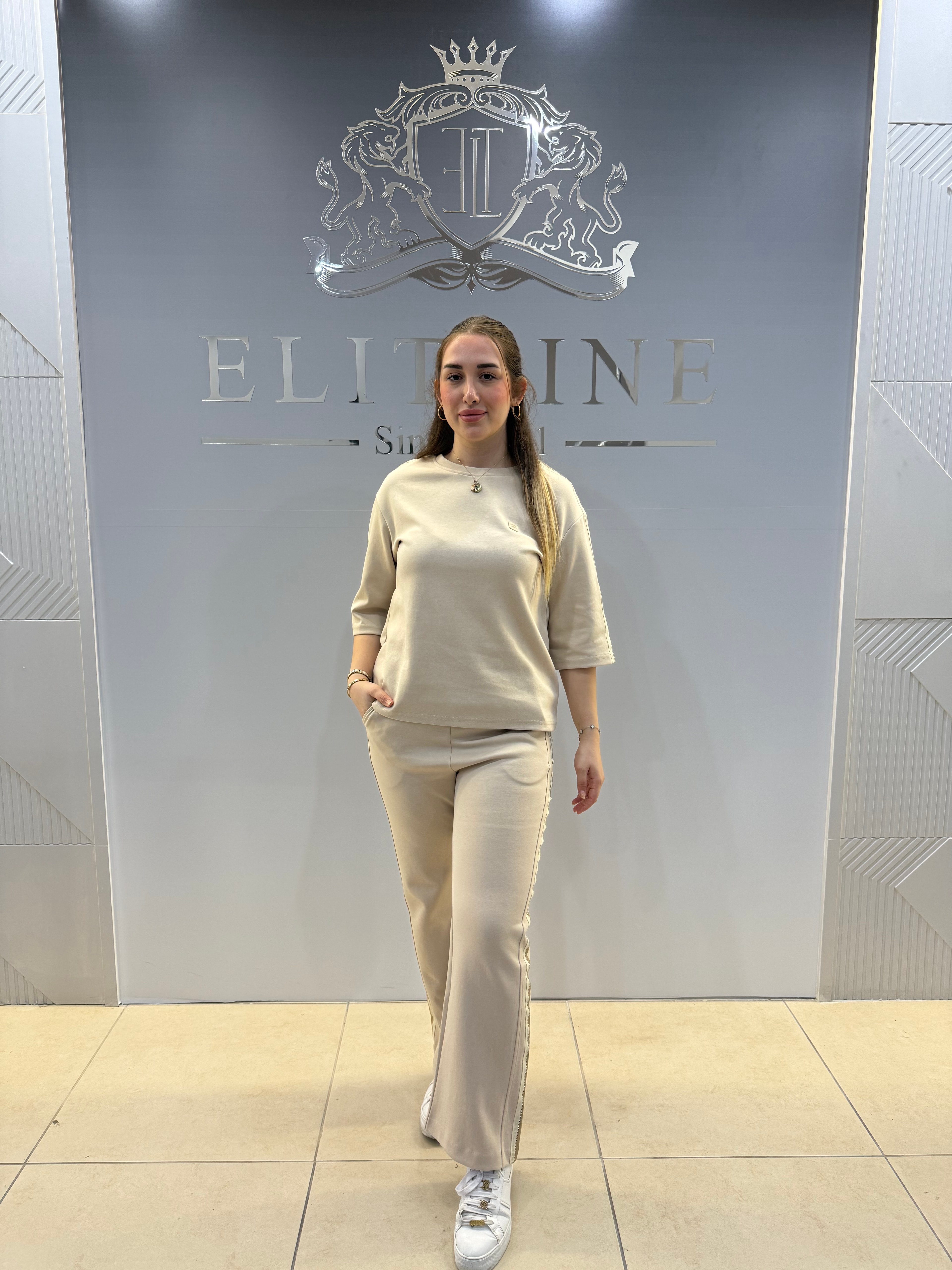 Kadın Yanları Taş Şeritli Örme Eşofman Takımı 7-03-4005-1005-8002 - Latte