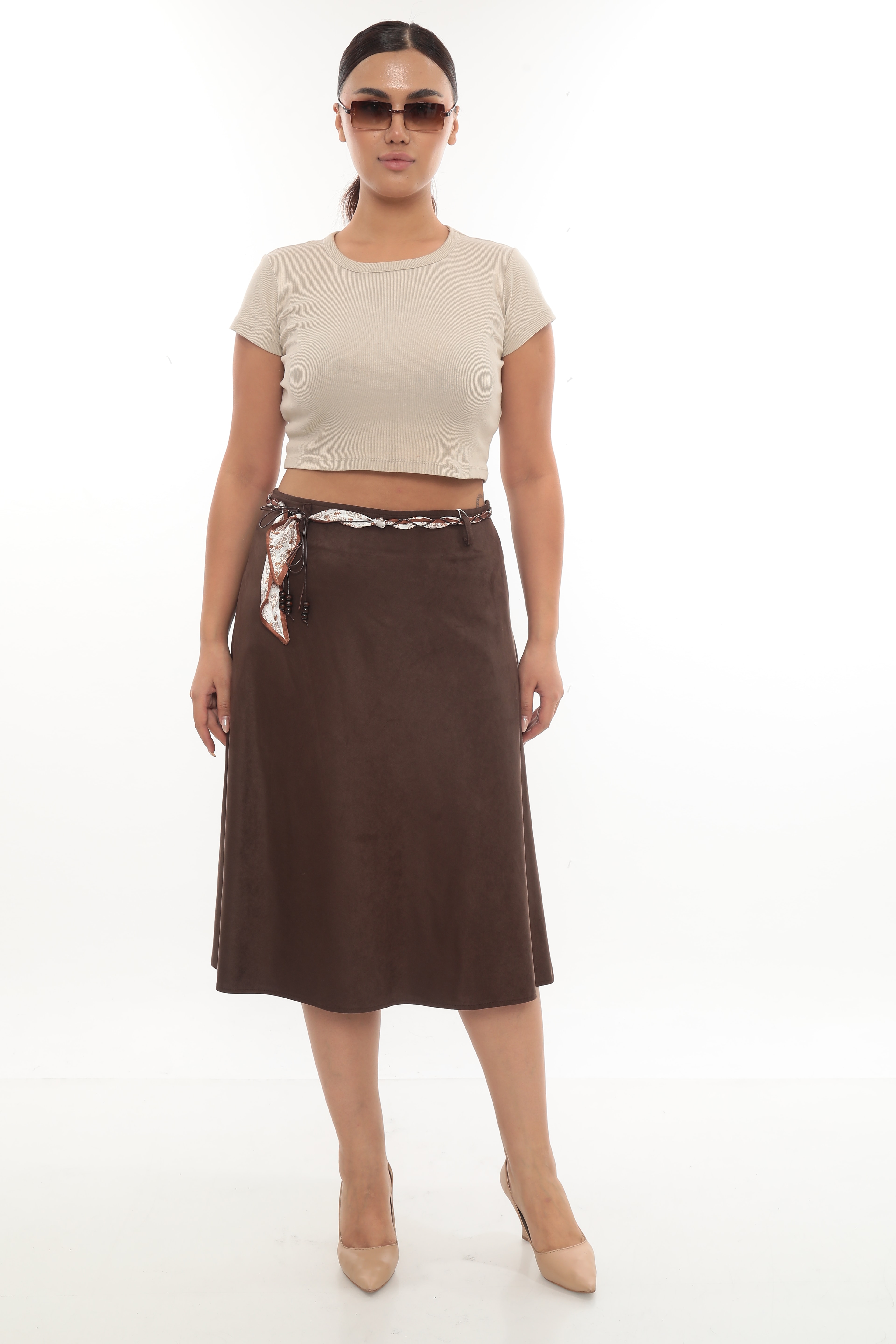 Kadın Kemerli Süet Etek 2-17-4001-1001 - Kahverengi