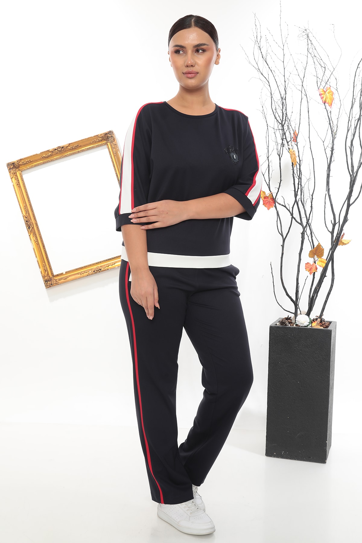 Kadın Bluzu Taşlı Çift Renk Şeritli Alt-Üst Eşofman Takımı 7-05-4007-8003  - Lacivert