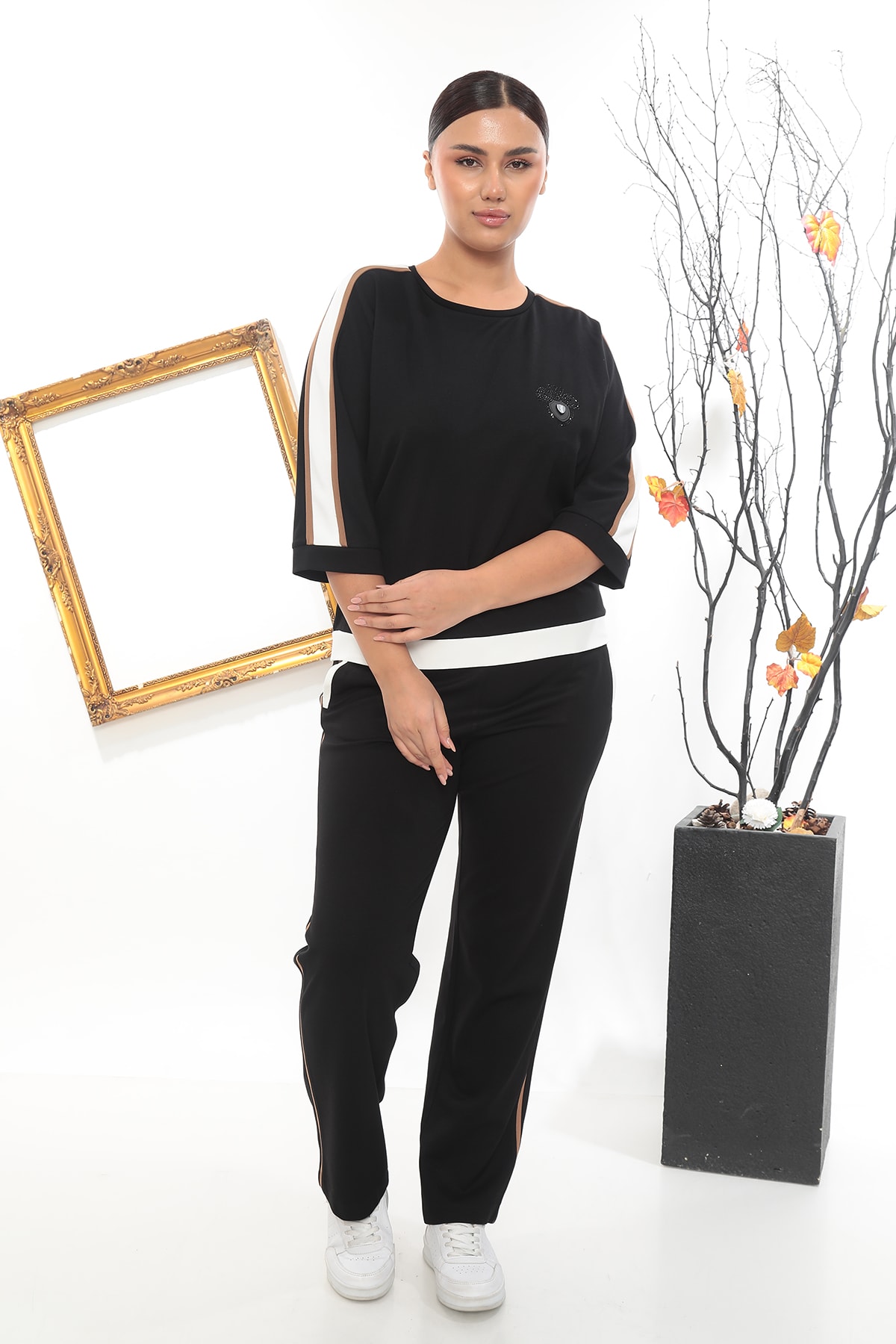 Kadın Bluzu Taşlı Çift Renk Şeritli Alt-Üst Eşofman Takımı 7-05-4007-8003  - Siyah