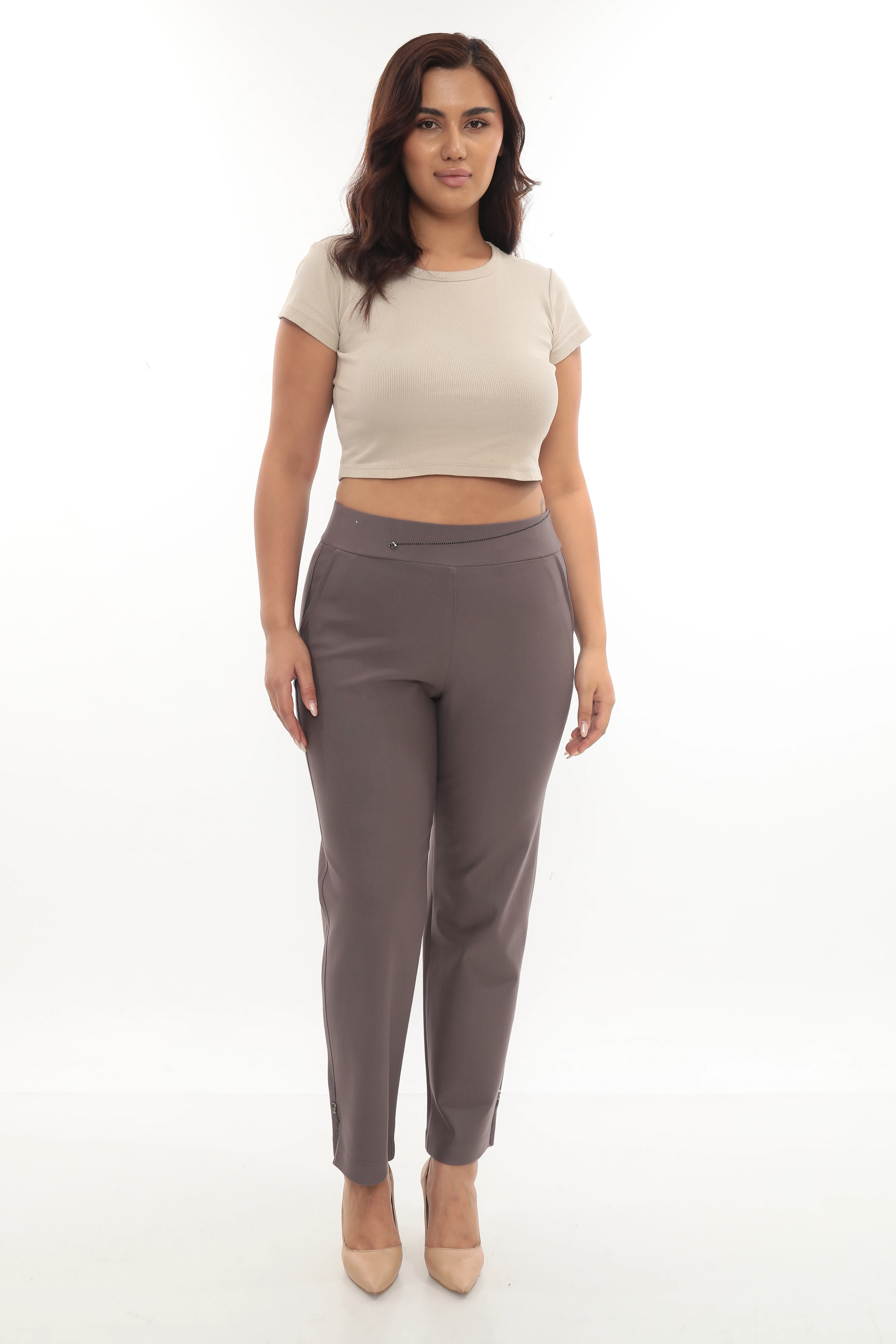 Kadın Paça Ve Kemeri Taş Detaylı Örme Pantolon 1-01-4008-1005-8004 - Vizon