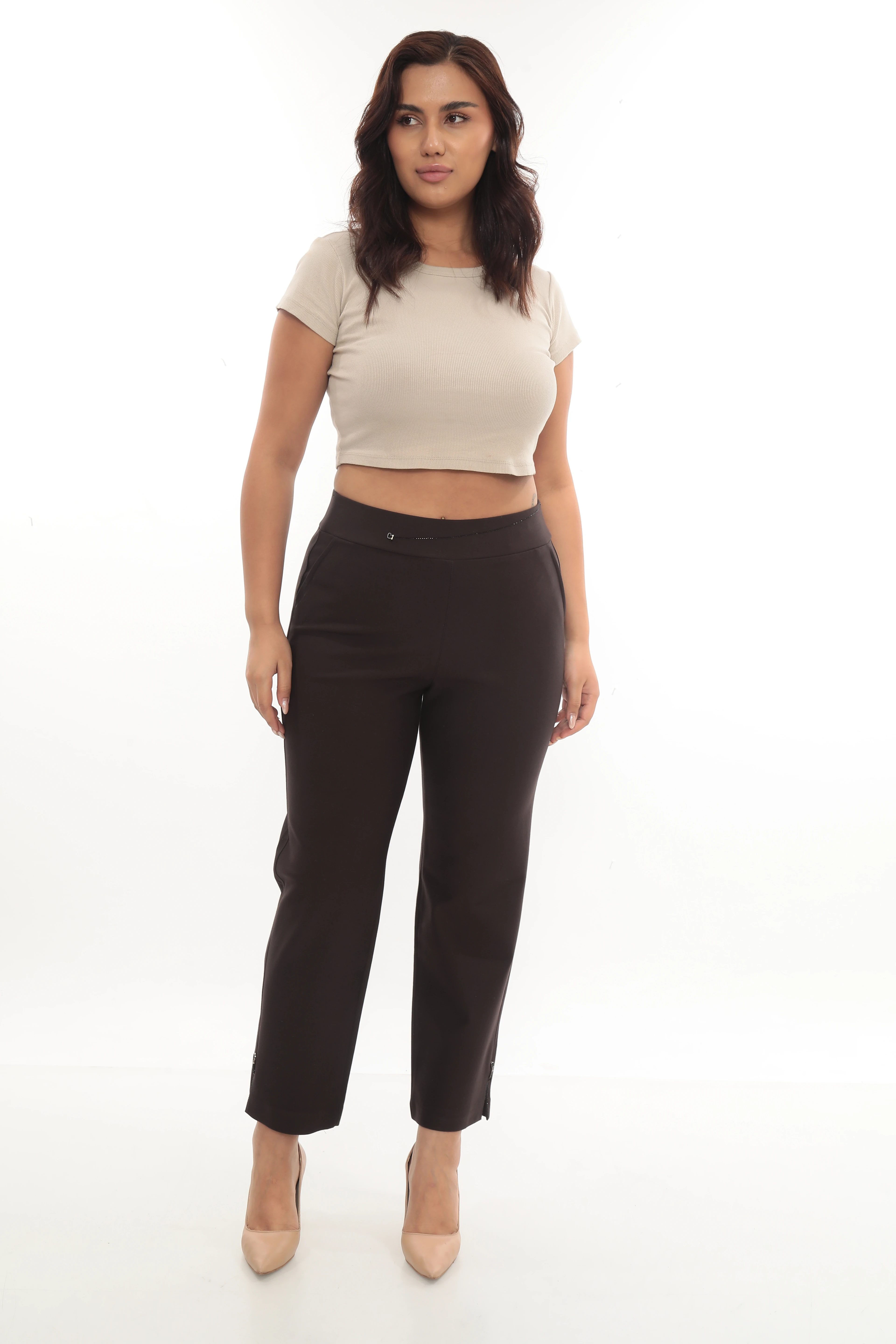 Kadın Paça Ve Kemeri Taş Detaylı Örme Pantolon 1-01-4008-1005-8004 - Kahverengi