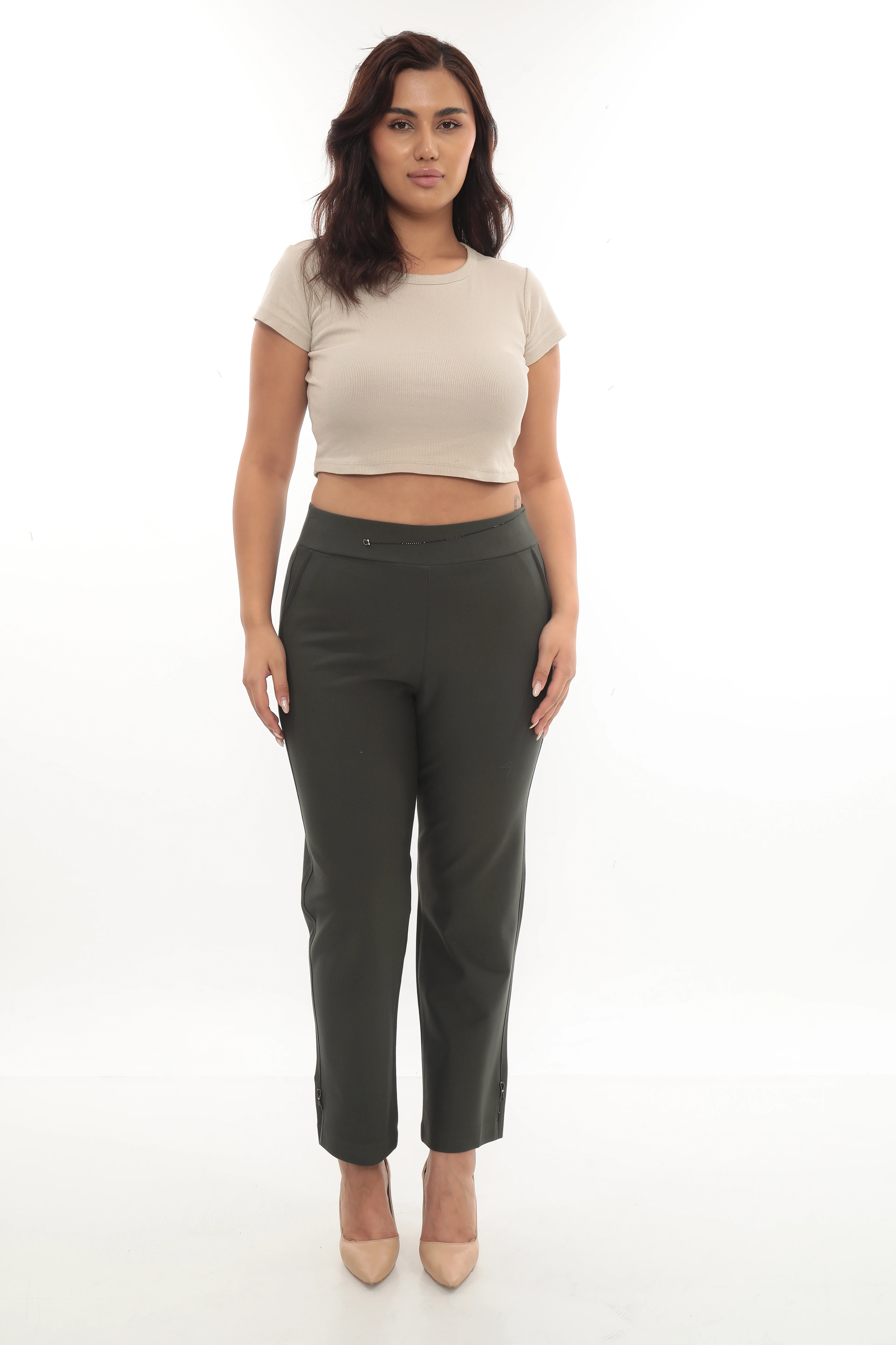 Kadın Paça Ve Kemeri Taş Detaylı Örme Pantolon 1-01-4008-1005-8004 - Haki-Yeşil